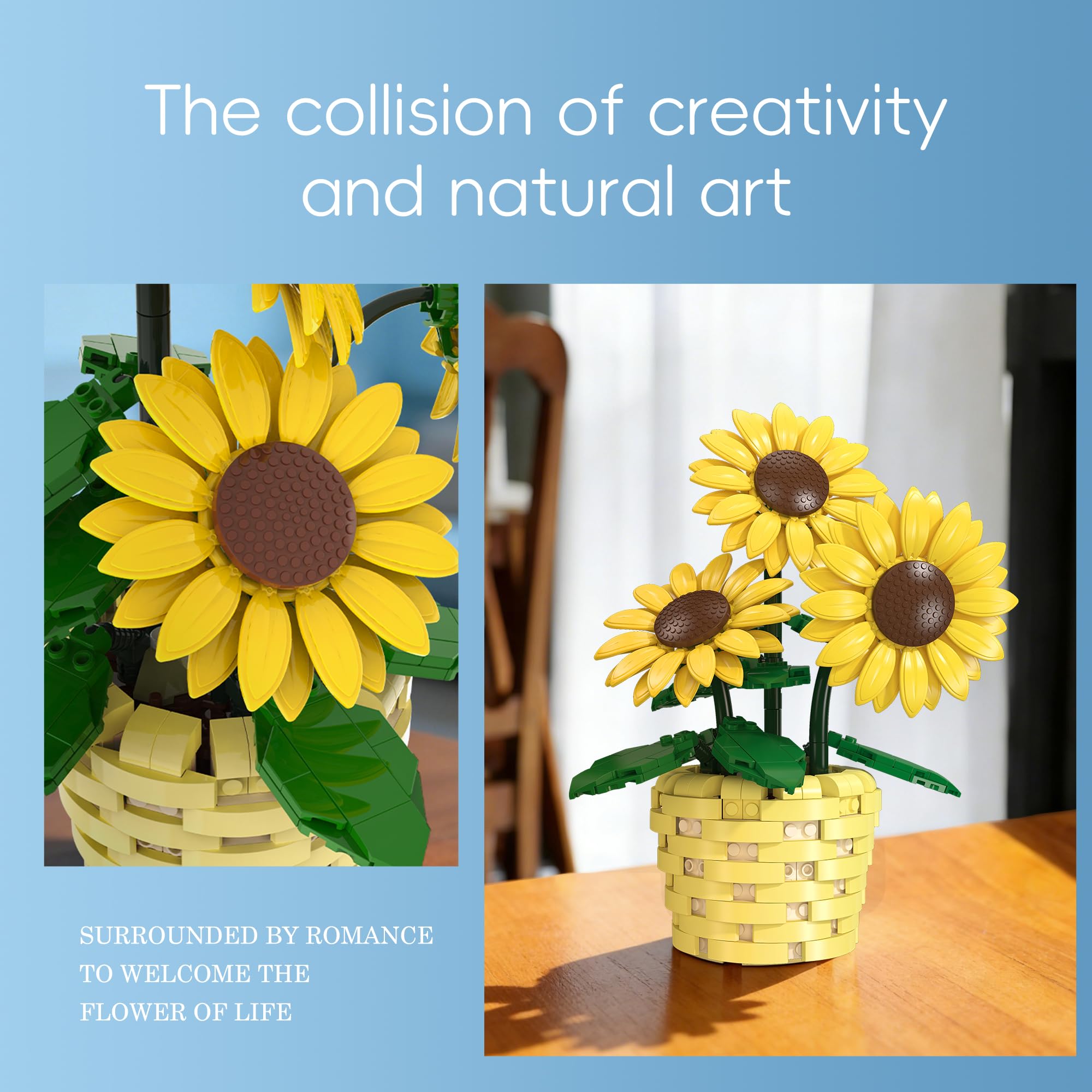 Set di Costruzione Girasole in Vaso, Dai 8 Anni in Su KLJMH-04 | 465 Pezzi, DIY Kit Mazzo Fiori, Petali e Foglie Regolabili, Casa Decorazione, Regalo Perfetto per gli Amanti dei Fiori