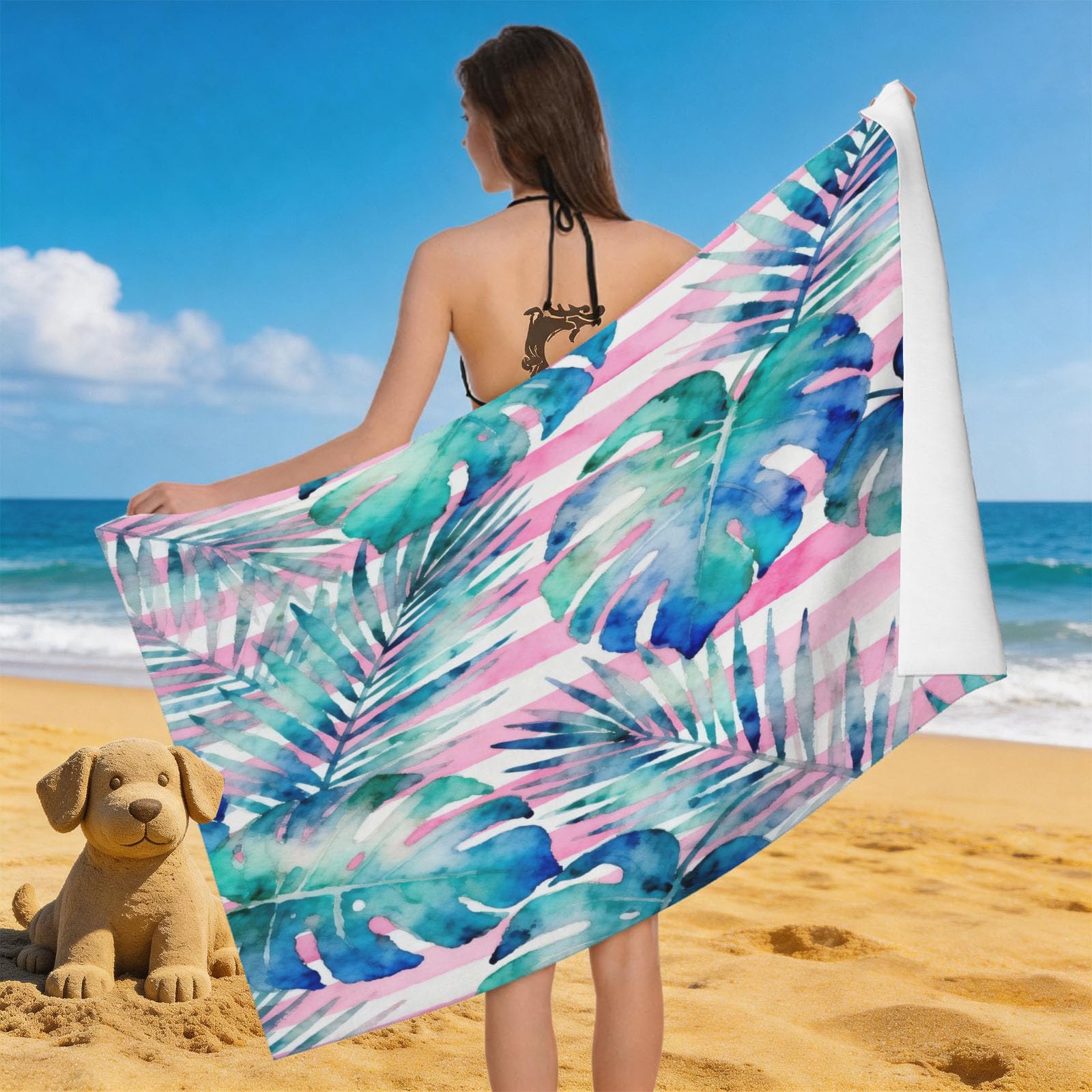 Leichong 3D Cartoon Monstera Beach Towel Microfiber Soft Quick Dry for Adults, Tropical Plants Bath Towel Lightweight Soft Absorbent for Travel Swimming Pool Sports, 75 x 150 cm