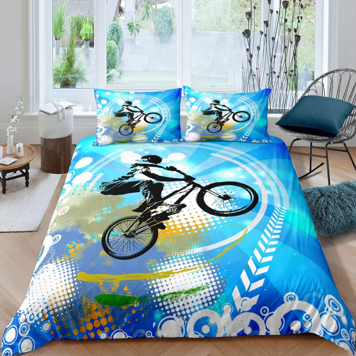 Loussiesd Men's Pattern 3 Teens Duvet Cover Bicycle Bike Pattern Comforter Cover Extreme Sports Theme Bedding For Kids Boys Children Modern Sports Themed Quilt Cover Ultra Soft Single Size Bedclothes 2Pcs