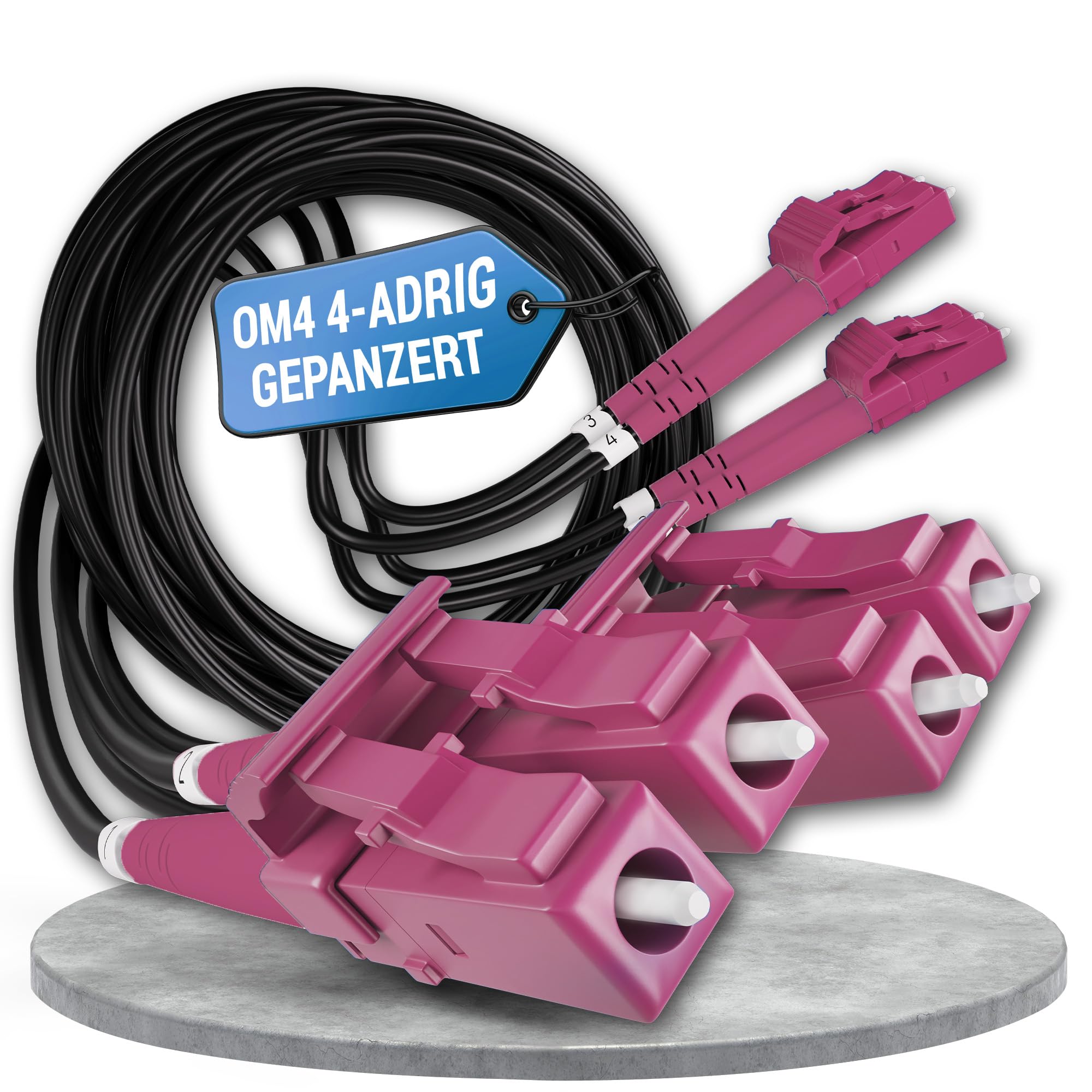 40m Câble Fibre Optique Blindé 4 Brins OM4 LC/UPC ⌀4mm | Multimode 50/125µm, Jarretière Rallonge Cordon, Breakout sans Épissures, Intérieur/Extérieur, Noire, LSZH