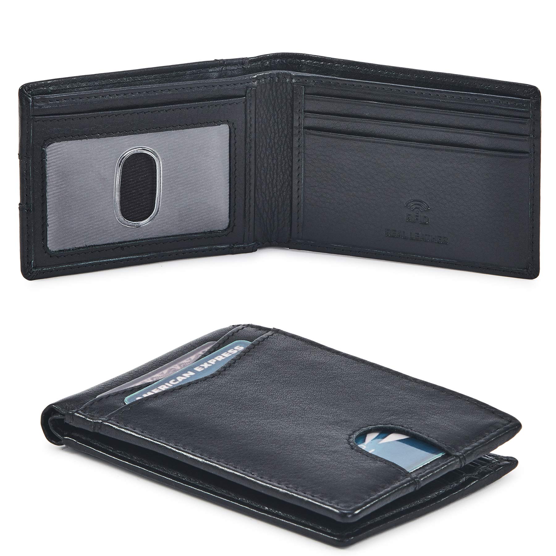 Wallet for Men Bifold Real Leather Slim RFID Blocking Front Pocket Minimalist Stylish Design with ID Window in Gift Box (Nappa, Black)