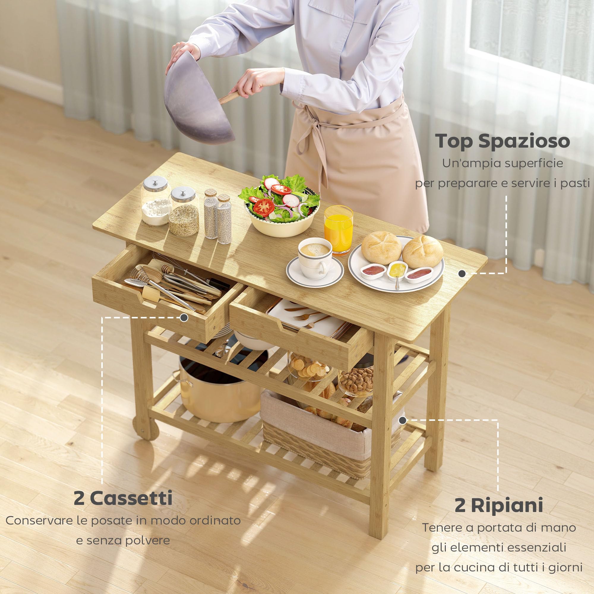 HOMCOM Carrello Cucina in Bambù con 2 Rotelle e 2 Gambe, Carrello Cucina Salvaspazio con 2 Ripiani a Doghe e 2 Cassetti, Carrellino Portaoggetti Multiuso per Soggiorno, 100x43x75 cm, Color Legno