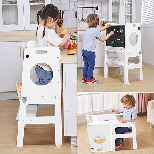 Miniatura 9 de Torre de estudio 4 en 1 con pizarra para aprender, taburete de cocina estilo Montessori, juego de mesa de escritorio plegable y silla para niños de