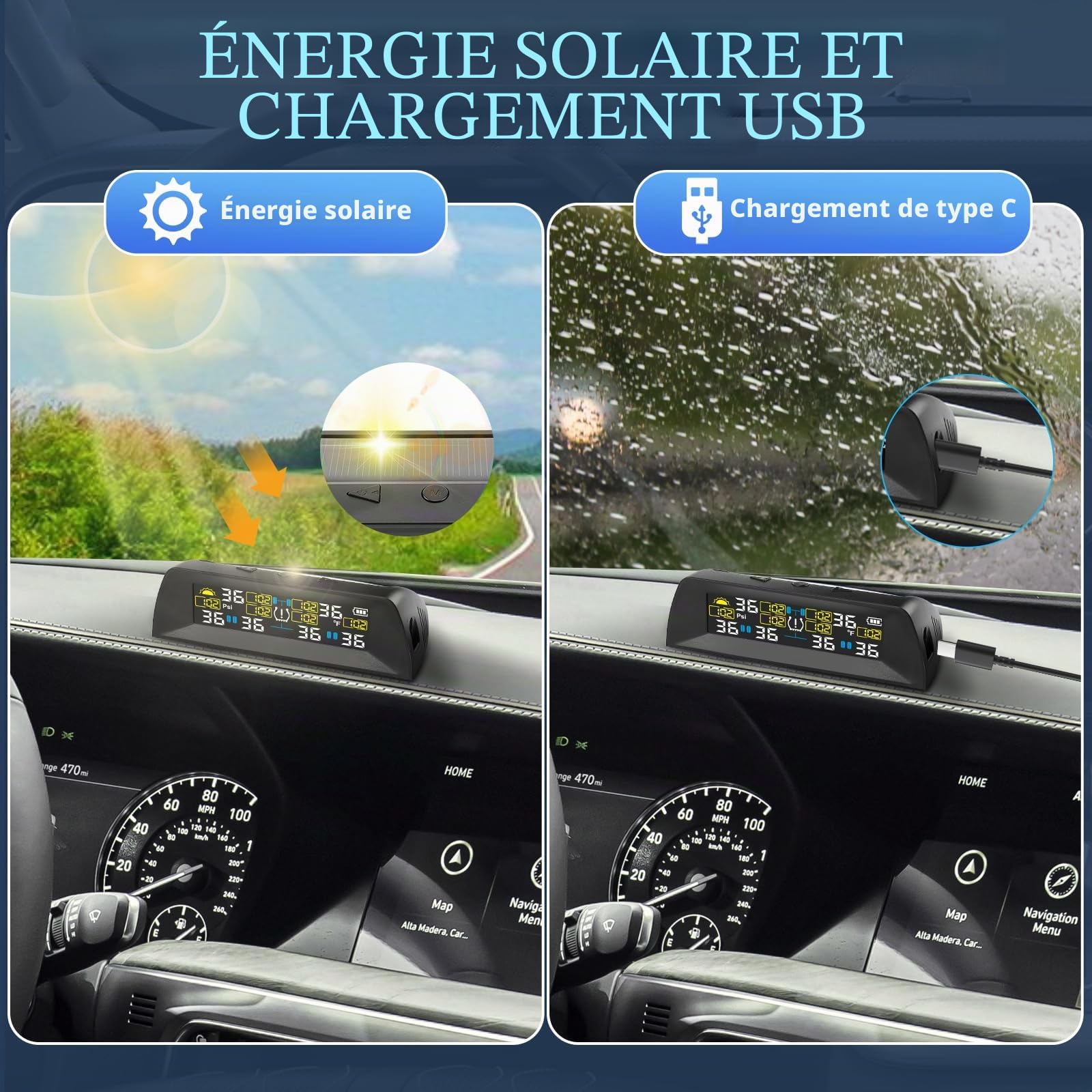 KAOLALI TPMS Système de Contrôle de la Pression des Pneus avec 6 Capteurs | Charge Solaire et Fonction de Charge USB, avec Écran LCD Coloré, Pression des Pneus 0-9,9 Bar (0-144 PSI)