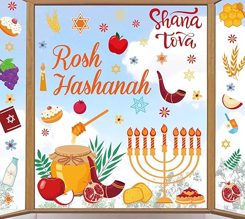 Miniatura 7 de Whaline 151 calcomanías de ventana de Hanukkah de doble cara con diseño de gnomo de estrella de menorá azul-dorado, calcomanías de ventana con