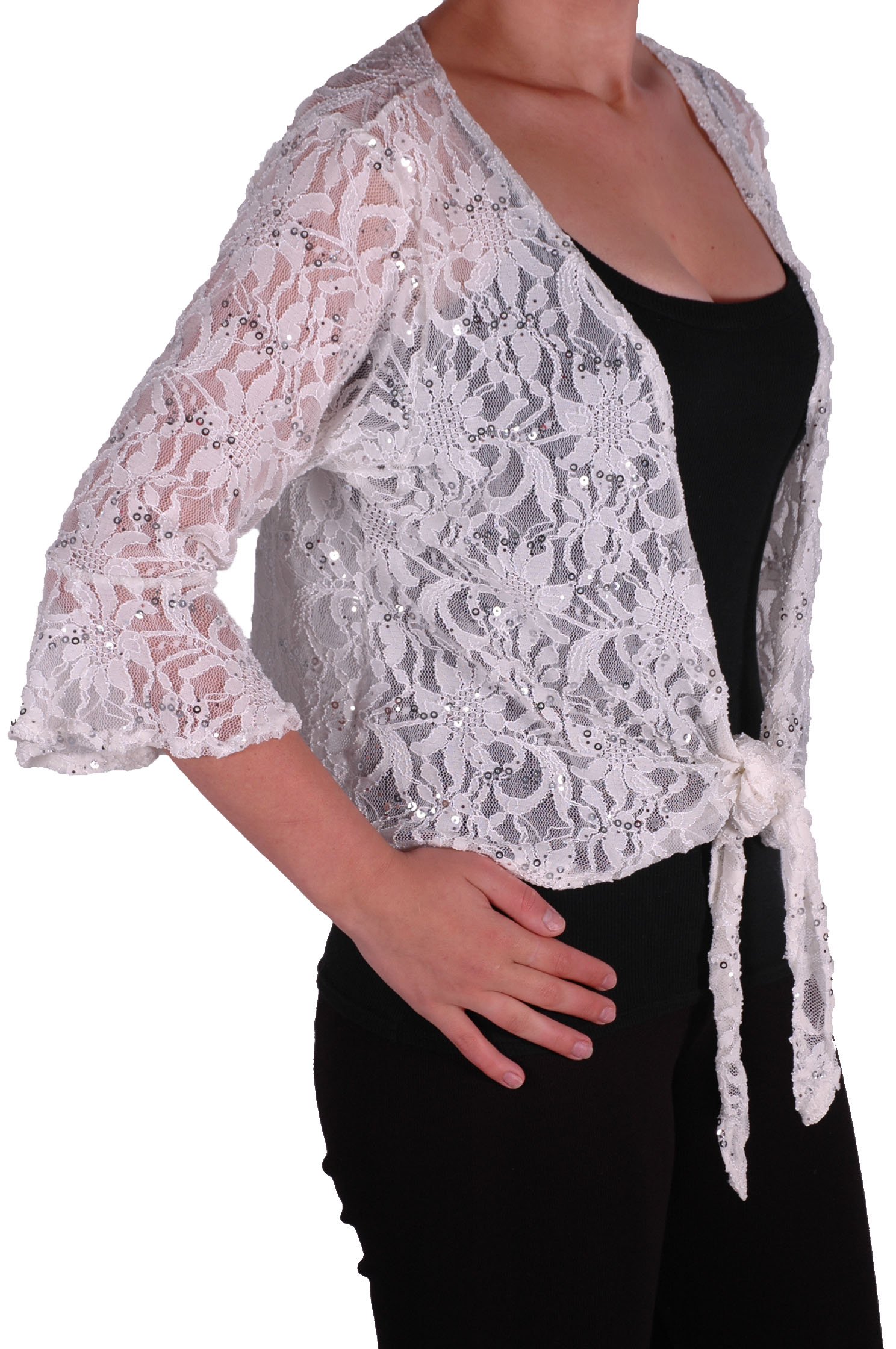 Eye Catch Women's White Oversize 12-26 - Darcey Sequin Cardi Tie Shrug Lace Bolero Top Plus Size 24-26