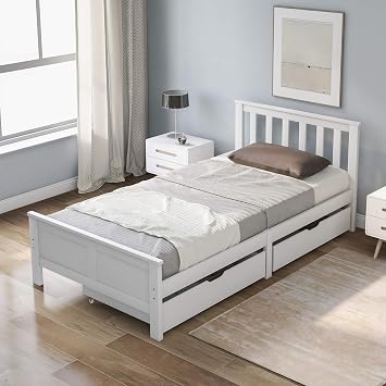 Storage Bed, Wooden Solid Pine Storage Bed with Drawers 3ft Single 190x90cm White Bed Frame for Adults Kids Teenagers