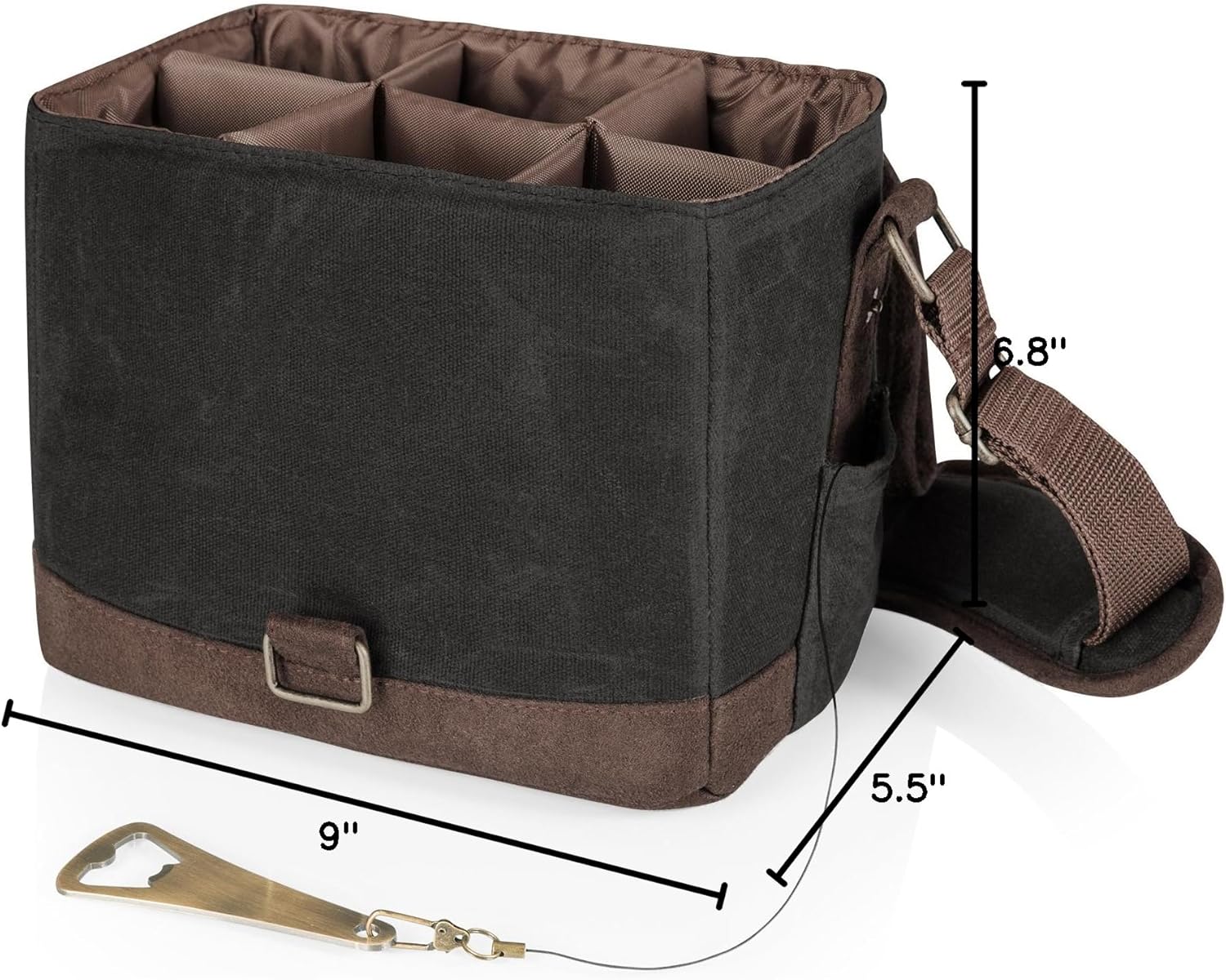 PICNIC TIME Beer Caddy, Drink Caddy and 6-pack Cooler Tote, Drink Carrier with Handle, Bottle Opener, Removable Divider, Shoulder Strap Gifts for Beer Lovers, (Black with Brown Accents)
