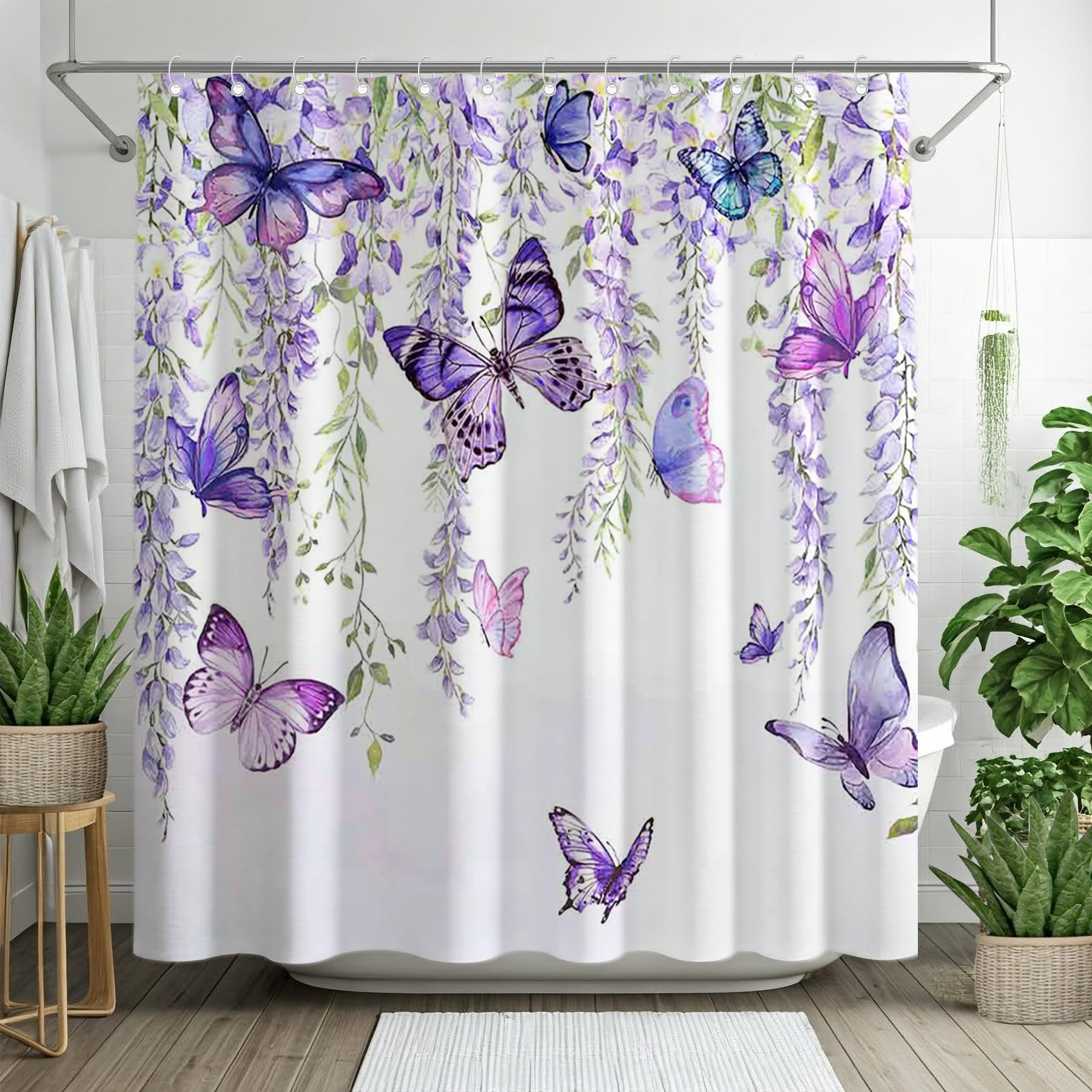 Swepuck Purple Butterfly Shower Curtain for Bathroom Watercolor Rustic Floral Wisteria Nature Plant Home Decorations Sets with 12 Hooks Waterproof Polyester 72