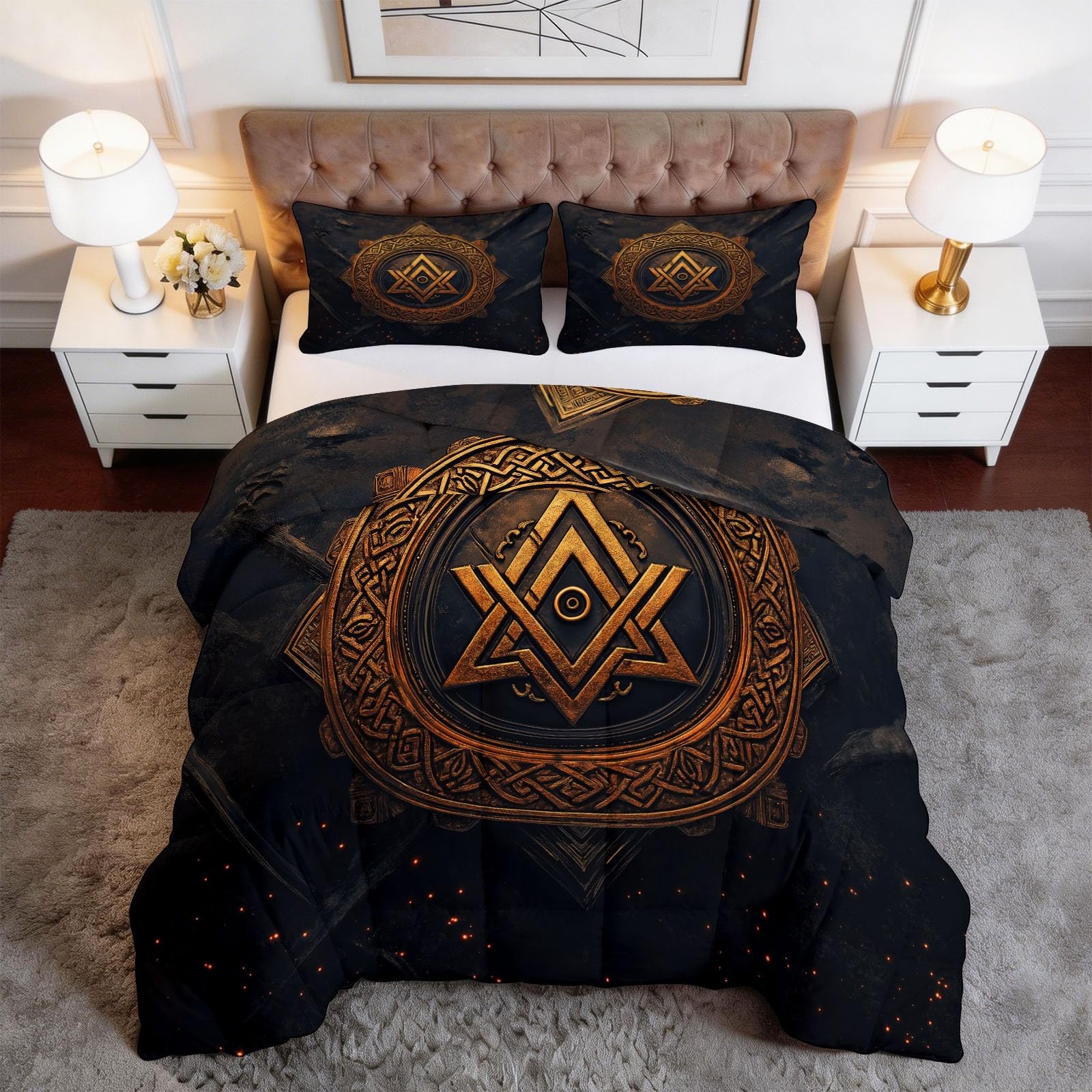 Genérico Kołdra kołdra pikowana 220 x 220 cm Vikings Runy, wypełnienie wypełnienia 400 g/m² - Komfort termiczny na 4 pory roku, antyalergiczna - 3-częściowy zestaw, dla dzieci i dziewcząt, granatowa