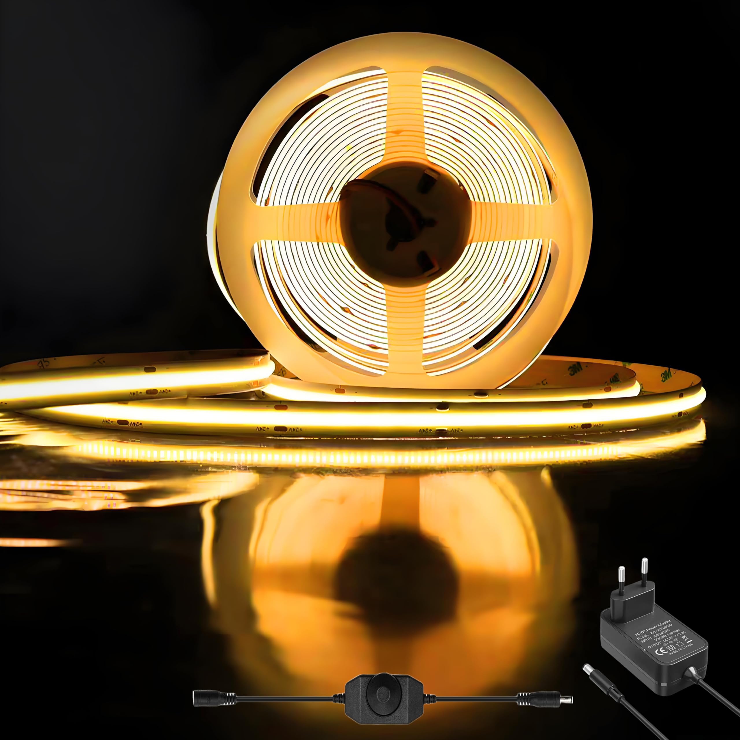 LakiHomi COB LED Streifen 3M, LED Strip Dimmbar mit Netzteil, LED Streifen Warmweiss, CRI 92+, 8mm Breite, LED Band für Unterbau TV Küche Wand Wohnzimmer DIY, 3000K