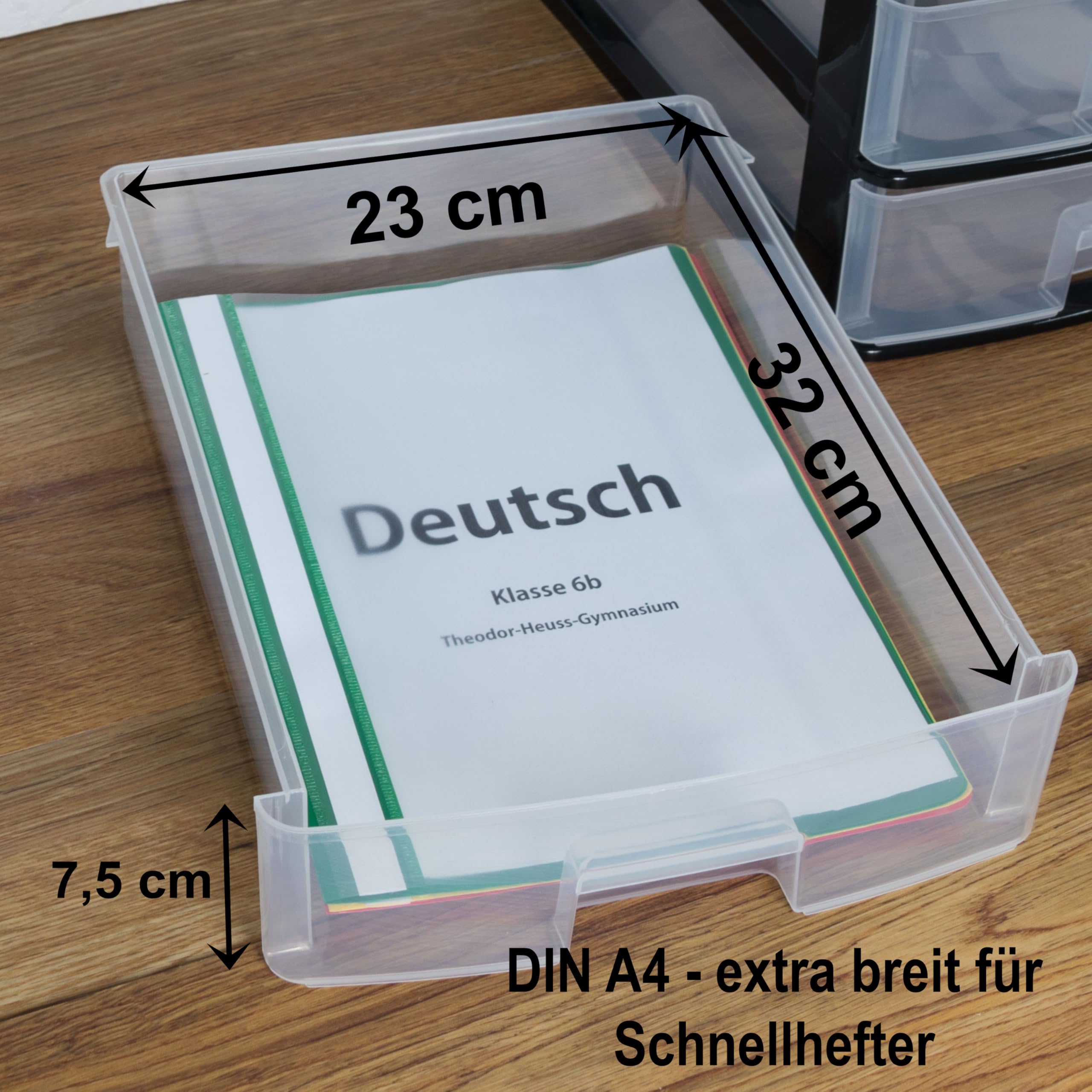 Schubladenbox DIN A4 mit 4 Schubladen 35,5x26,5x35 cm - schwarz-transparent Kunststoff Drawer Tower Box Organizer für Schreibtisch Easy-Pull-System