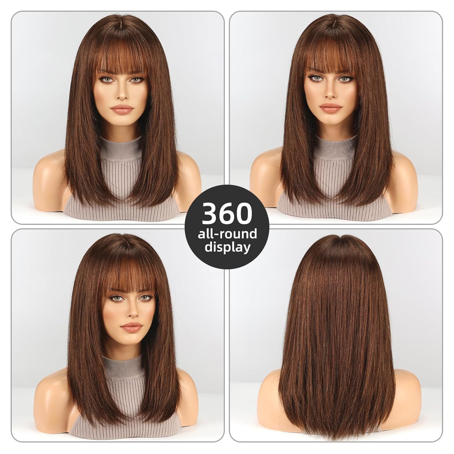 16 Inch Dark Brown Human Hair Wig, Human Hair Wig With Bangs, Real Hair Wigs For Women, real human hair wigs