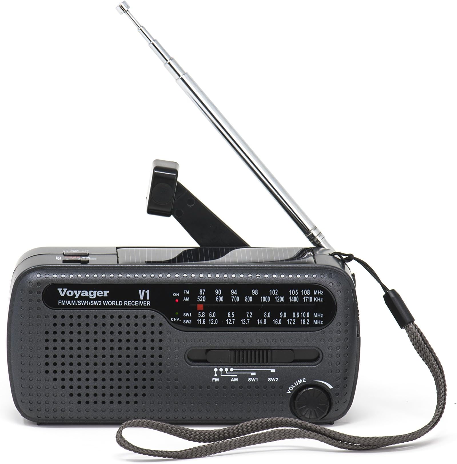 V1 Voyager Solar/Dynamo AM/FM/SW Emergency Radio with Cell Phone Charger and 3-LED Flashlight, Iron Gray