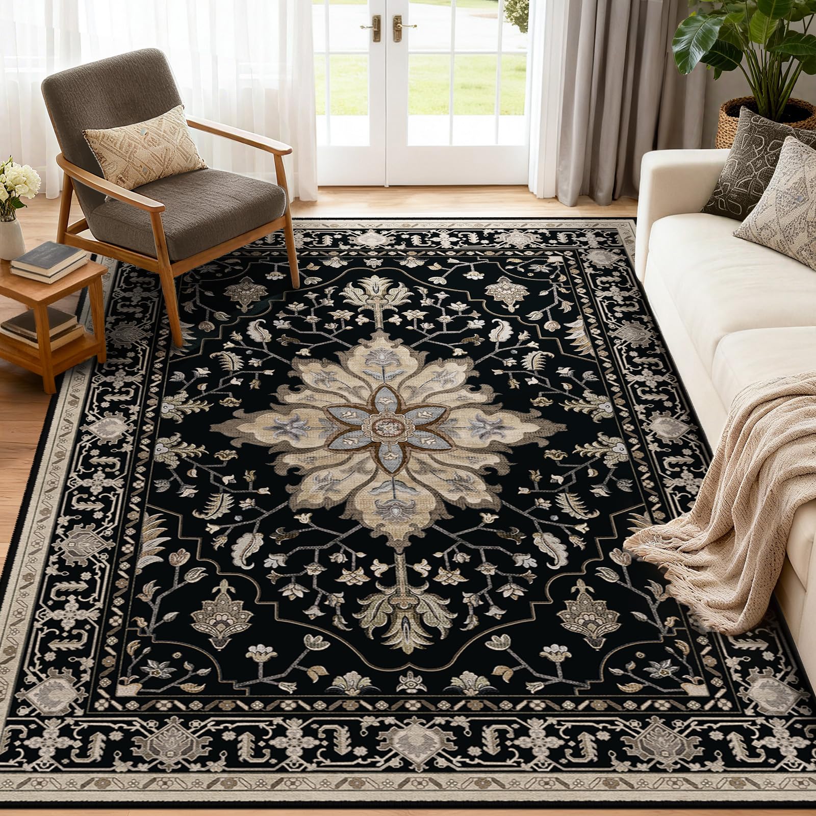 Vacuum-Friendly Area Rugs 5x7 Machine Washable Non-Slip Floral Vintage Distress Print Pattern Medallion Carpet for Living Room Bedroom