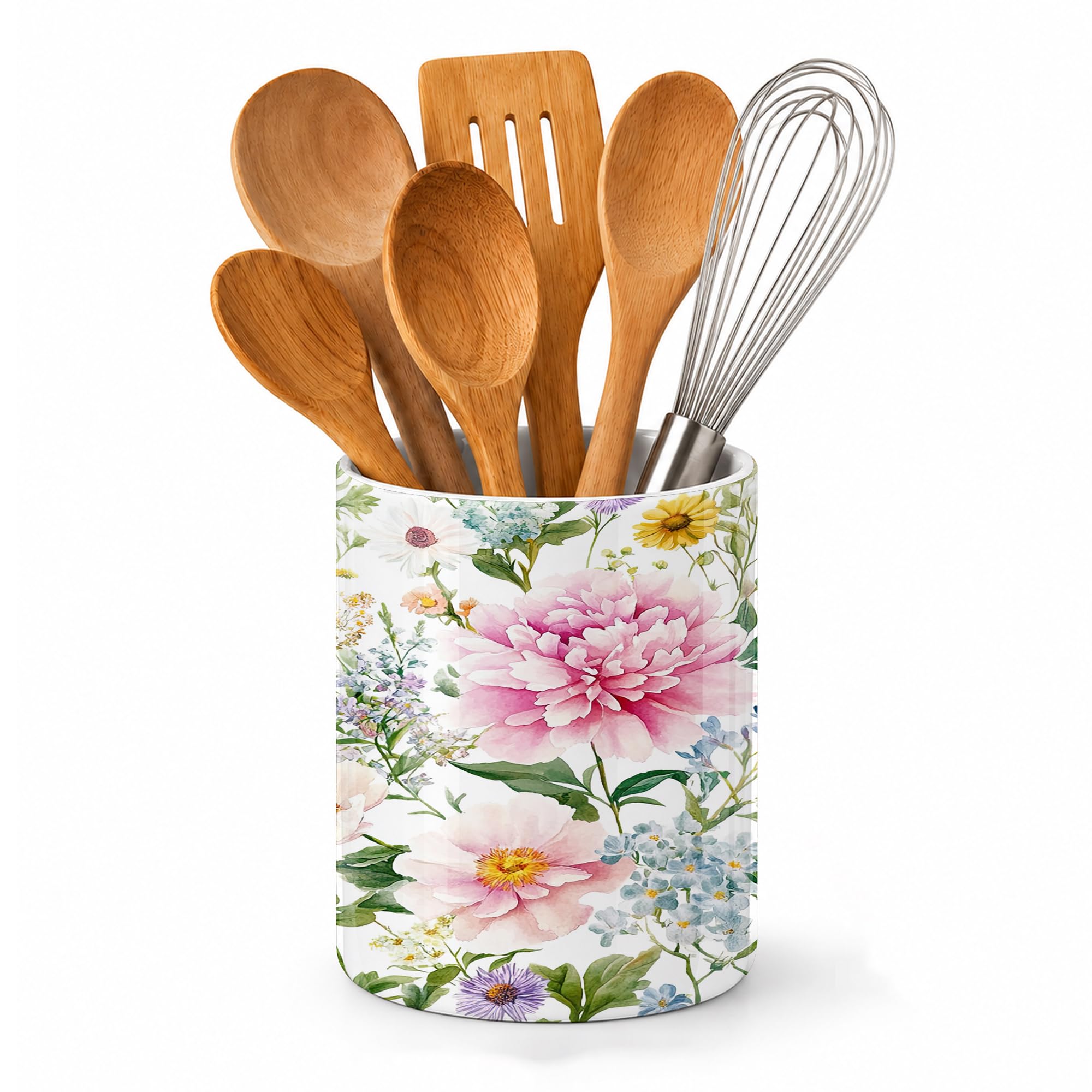 Axxitude Watercolor Flowers Wildflowers Kitchen Utensil Holder,Rose Daisy Large Ceramic Utensil Crock for Countertop,Cooking Utensil Organizer for Spatulas,Spoons