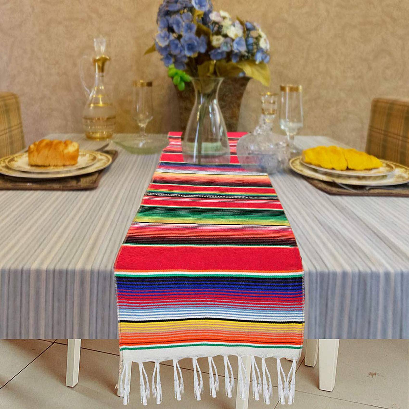 Runner da tavolo messicano, a righe, colorato, decorazione per feste, matrimoni, tovaglia in cotone, per eventi, compleanni, sala da pranzo, vacanze