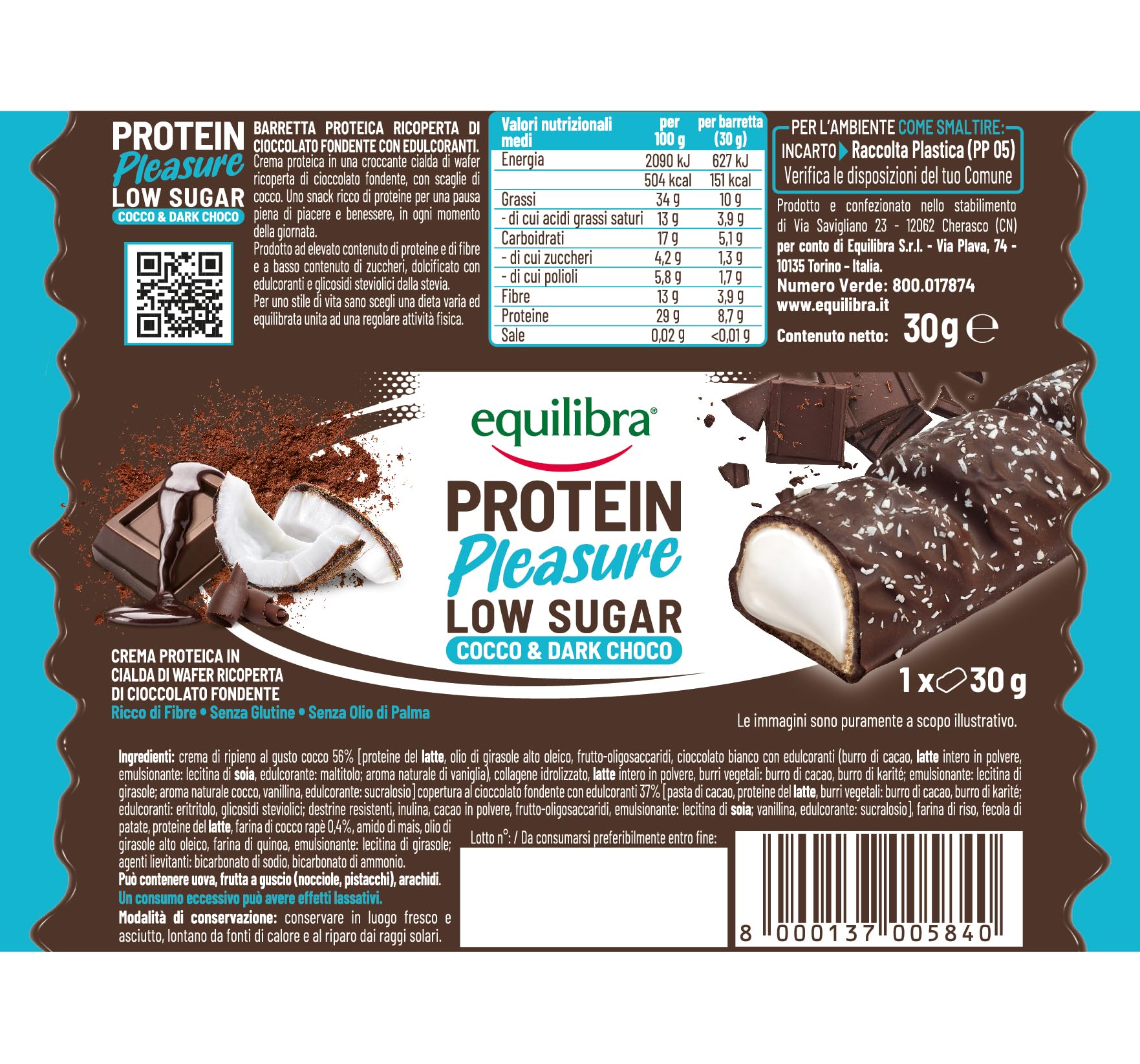 Equilibra Barrette Proteiche, Protein Pleasure Cocco & Dark Choco, Barretta Proteica Ricoperta di Cioccolato, Low Sugar, High Protein, Senza Glutine, Senza Olio di Palma, 20 Barrette da 30 g