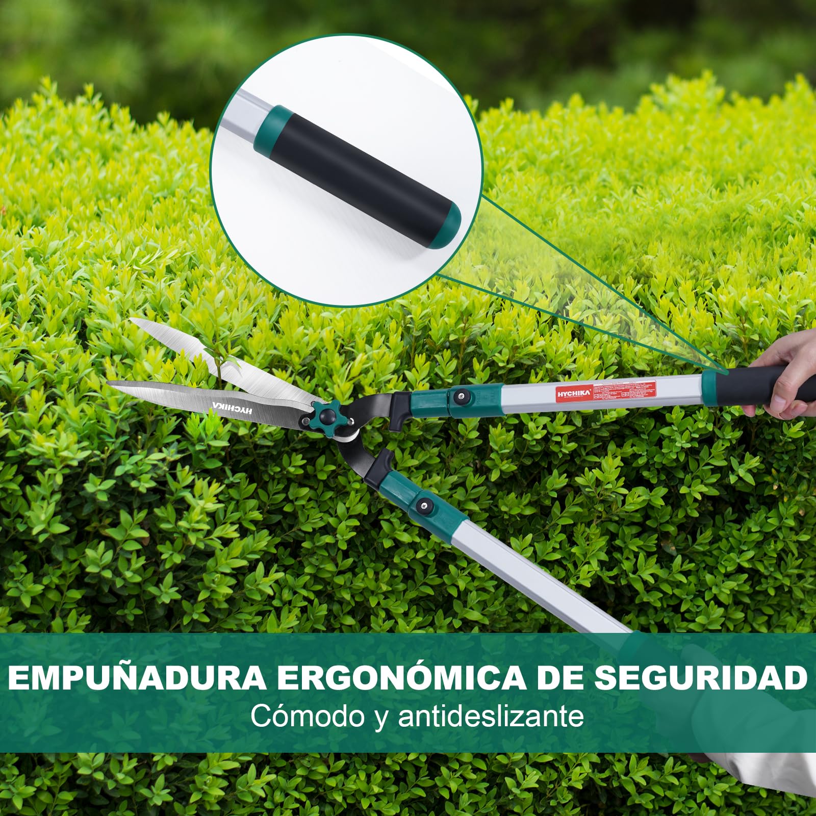HYCHIKA Tijeras Cortasetos Telescopico Manual 111CM, Tijeras de Podar Cortasetos, Cuchillas de Acero Templado, Hoja de 214 MM, Tijeras Jardin Para Podar Setos y Arbustos
