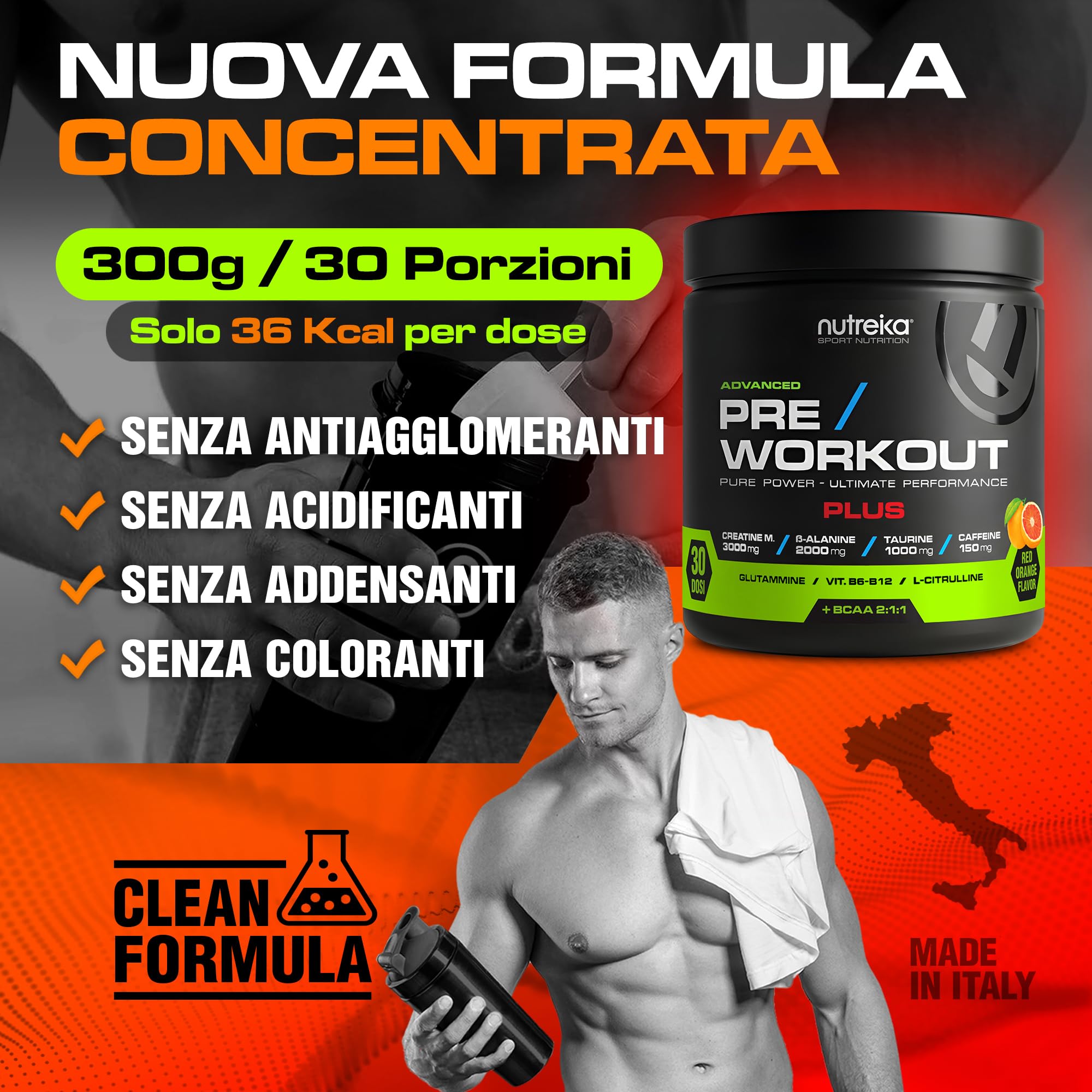 Nutreika Pre Workout Potente + Creatina Monoidrata Pura - 30 Dosi | Preworkout Forte in Polvere Concentrata 300g - Energia, Forza, Focus per Palestra, Clean Formula Made in Italy