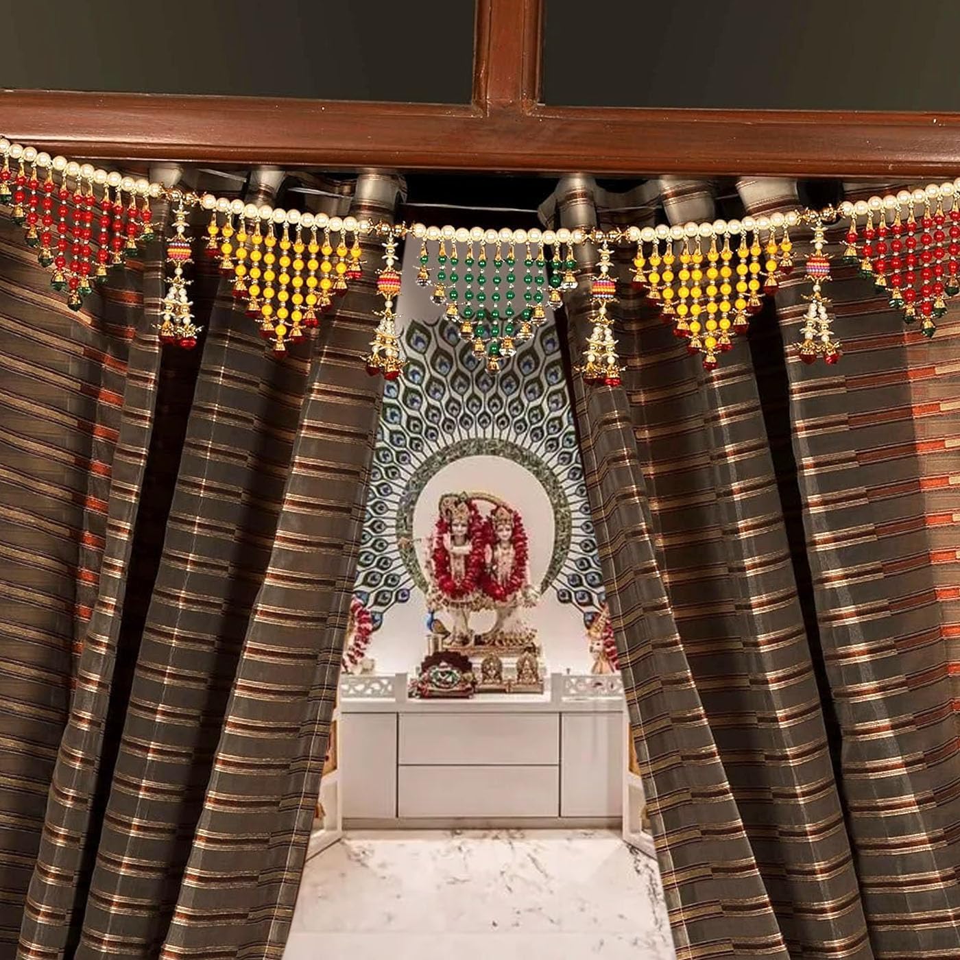 Generic Traditional Bandhanwar Door Hanging, Multicolor Pearl Beaded Toran, Yellow Orange Red Green, 36.6 Inch Length, Decorative Entrance Garland with Artificial Flowers