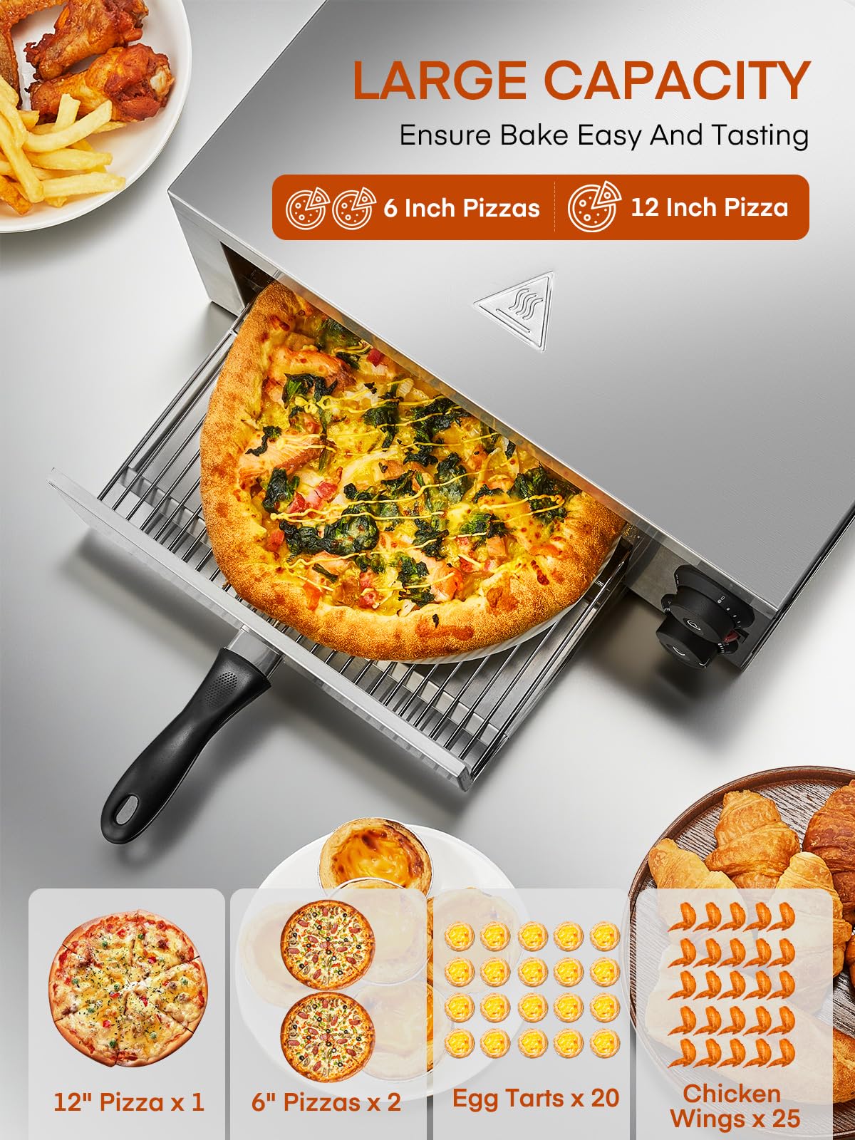 Professional Pizzaofen 2000W, 12 Zoll Kommerzieller Pizzabackofen Elektrisch Edelstahl mit 15-Minuten-Timer 350℃ für Pizza, Brot und Backwaren
