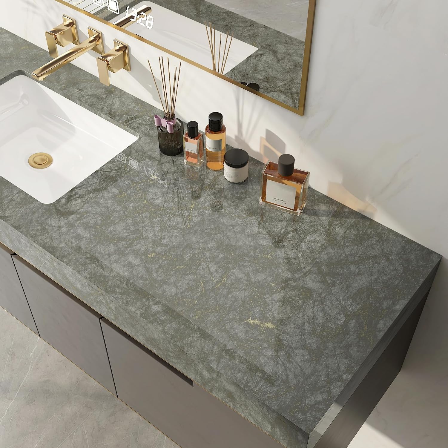 ReWallpaper 15.8inx23ft Gray Gold Marble Wallpaper Peel and Stick Removable Waterproof Modern Stone Wall Covering for Living Room Bedroom Bathroom Accent Walls Hallway Feature Walls Quick DIY Makeover