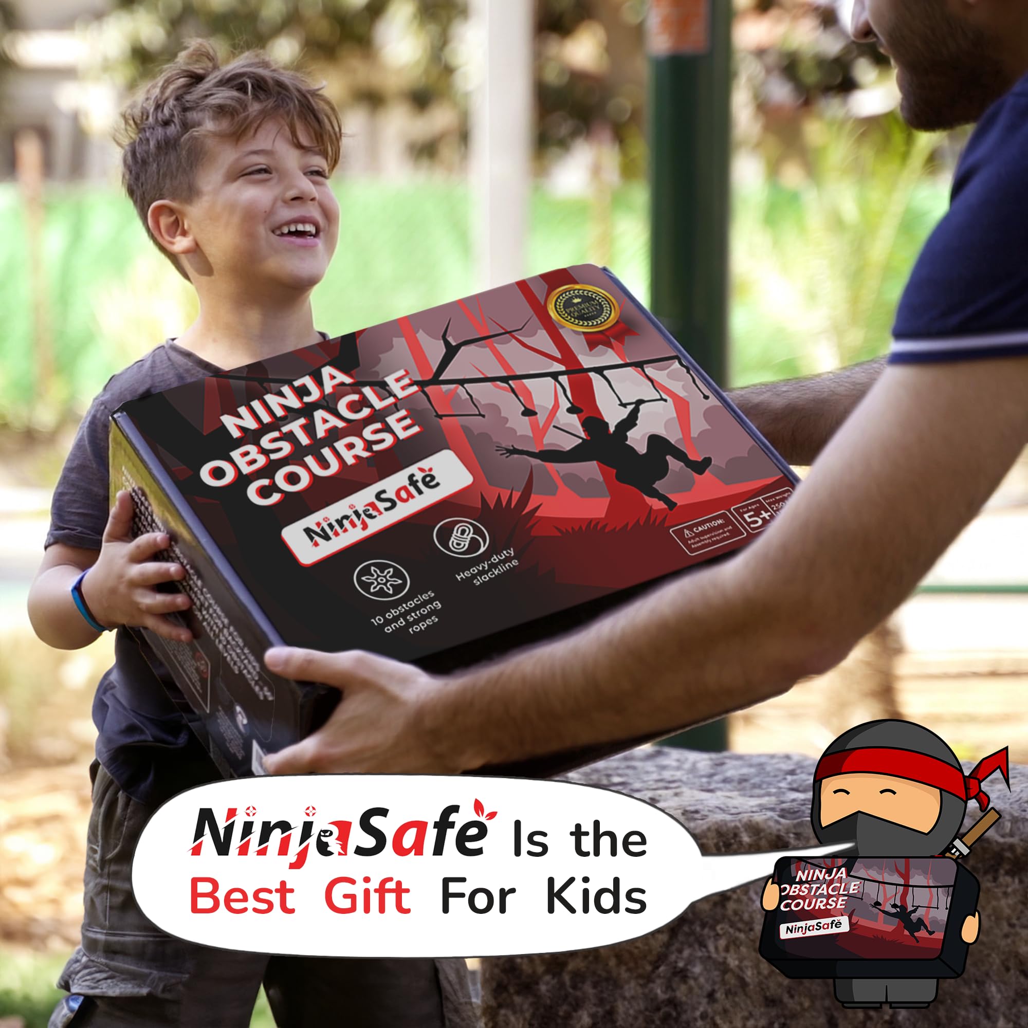 Monkey Line – Percorso Ad Ostacoli Ninja Per Bambini 2x15m (50 Ft) – 10 Ostacoli, Rete, Capacità 180 Kg (400 Lb), Età 5-12