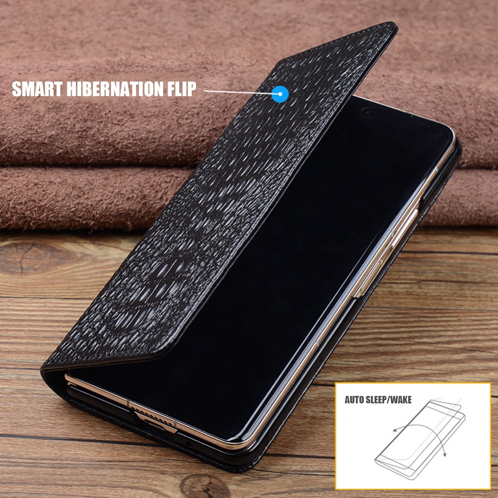 Pokrowiec z prawdziwej skóry do Huawei Mate X6, smukły biznesowy wzór liczi, inteligentna hibernacja, pokrowiec z klapką, kompleksowa ochrona obiektywu, zielony