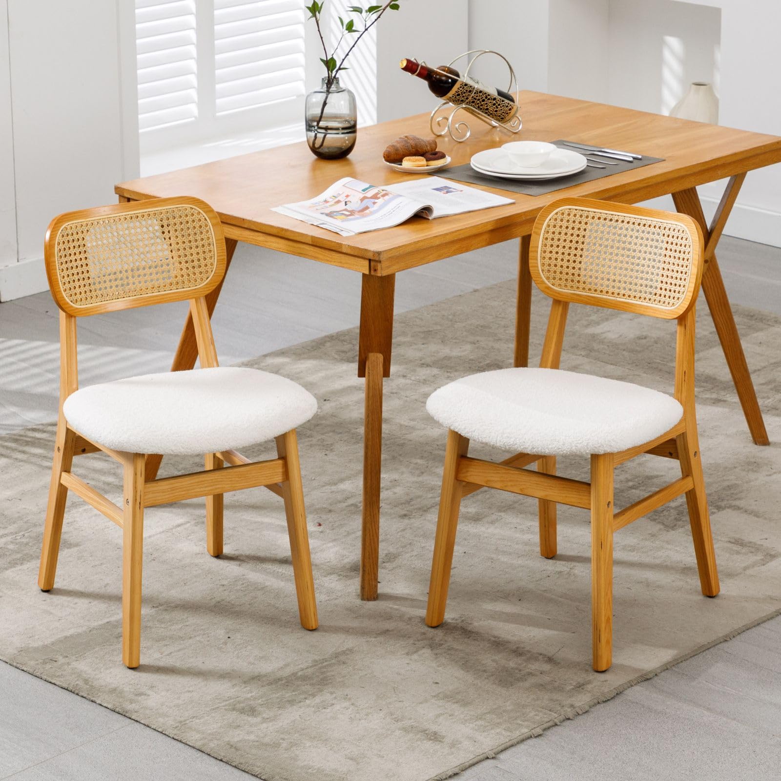 Ya-Home Juego de 2 Sillas de Comedor de Madera Cojin Lana sintética, Beige | Silla Cocina Rattan,Lana sintética, Patas y Respaldo Madera, Cojin Comodo, para Hogar/Restaurante