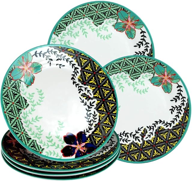Decorative Floral Ceramic Dinner Plates 23.5cm Dia - Set of 6 - Dishwasher & Microwave Safe