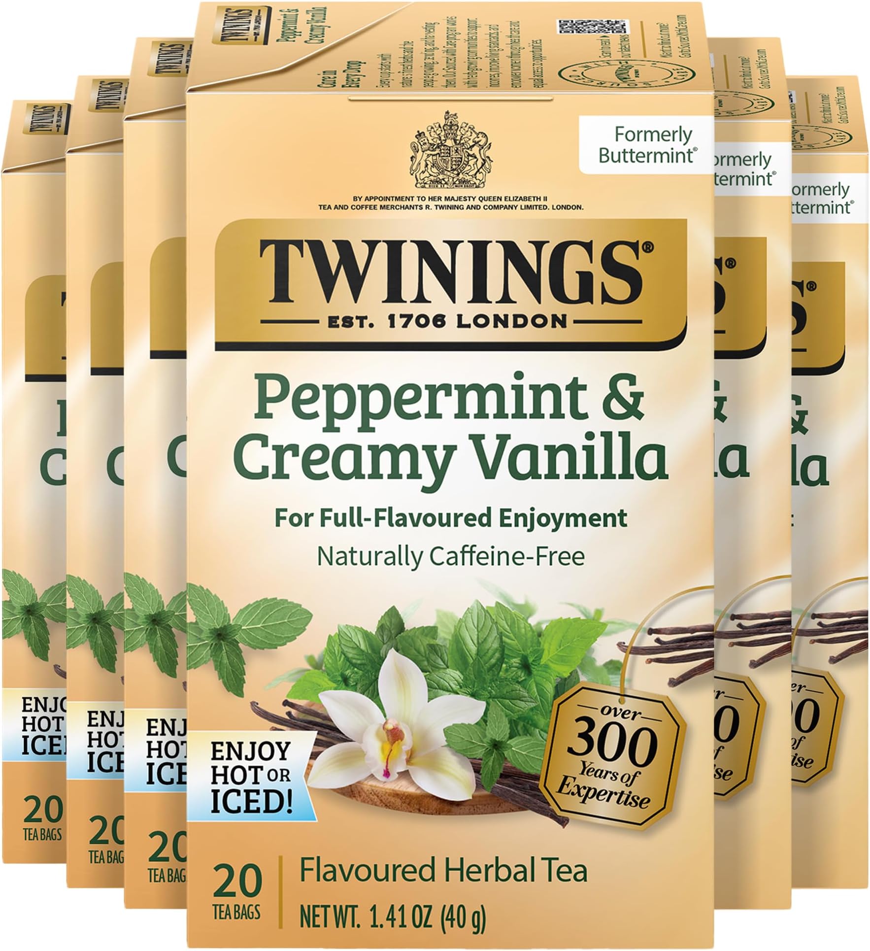 Peppermint & Creamy Vanilla Herbal Tea Individually Wrapped Bags, 20 Count (Pack of 6), Formerly Buttermint, Naturally Caffeine-Free, Enjoy Hot or Iced, 120 Teabags