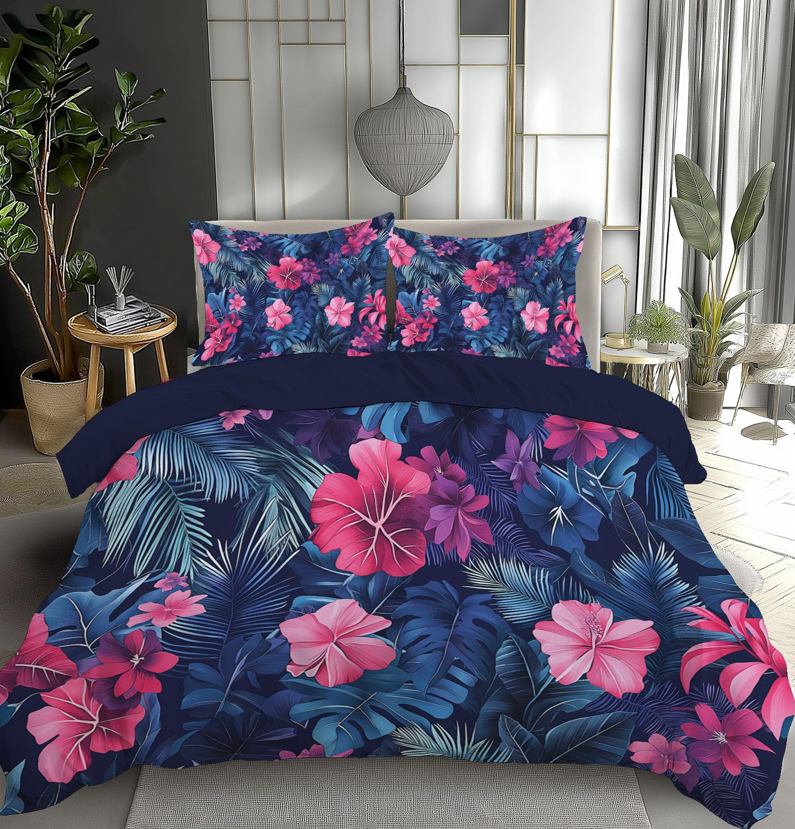 Housse de couette 220x240cm marine motif tropical avec 2 taies