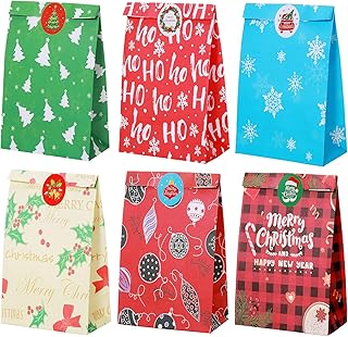 24 Pack Christmas Paper Gift Bag Xmas Goodies Candy Bags with 24 Pieces Christmas Theme Stickers Christmas Treat Tote Bags Christmas Party Decorations for Xmas Party Favors Supplies (Cute Style)