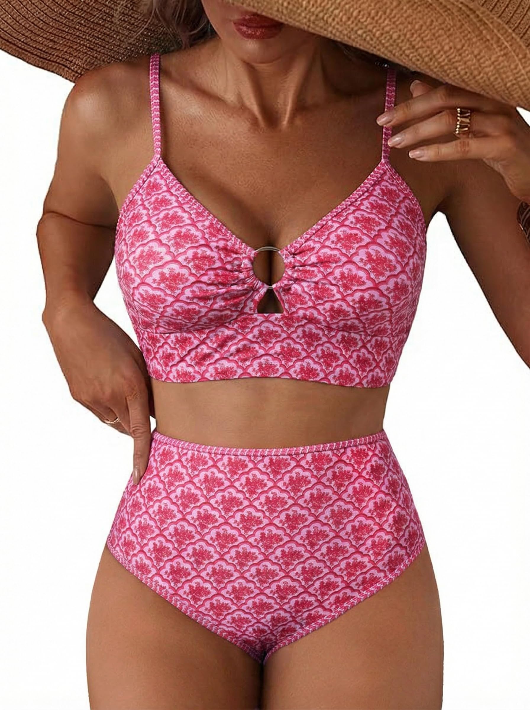Herseas Womens O Ring Bikini Sets 2 Pieces Floral Print Swimsuits High Waisted Bathing Suits