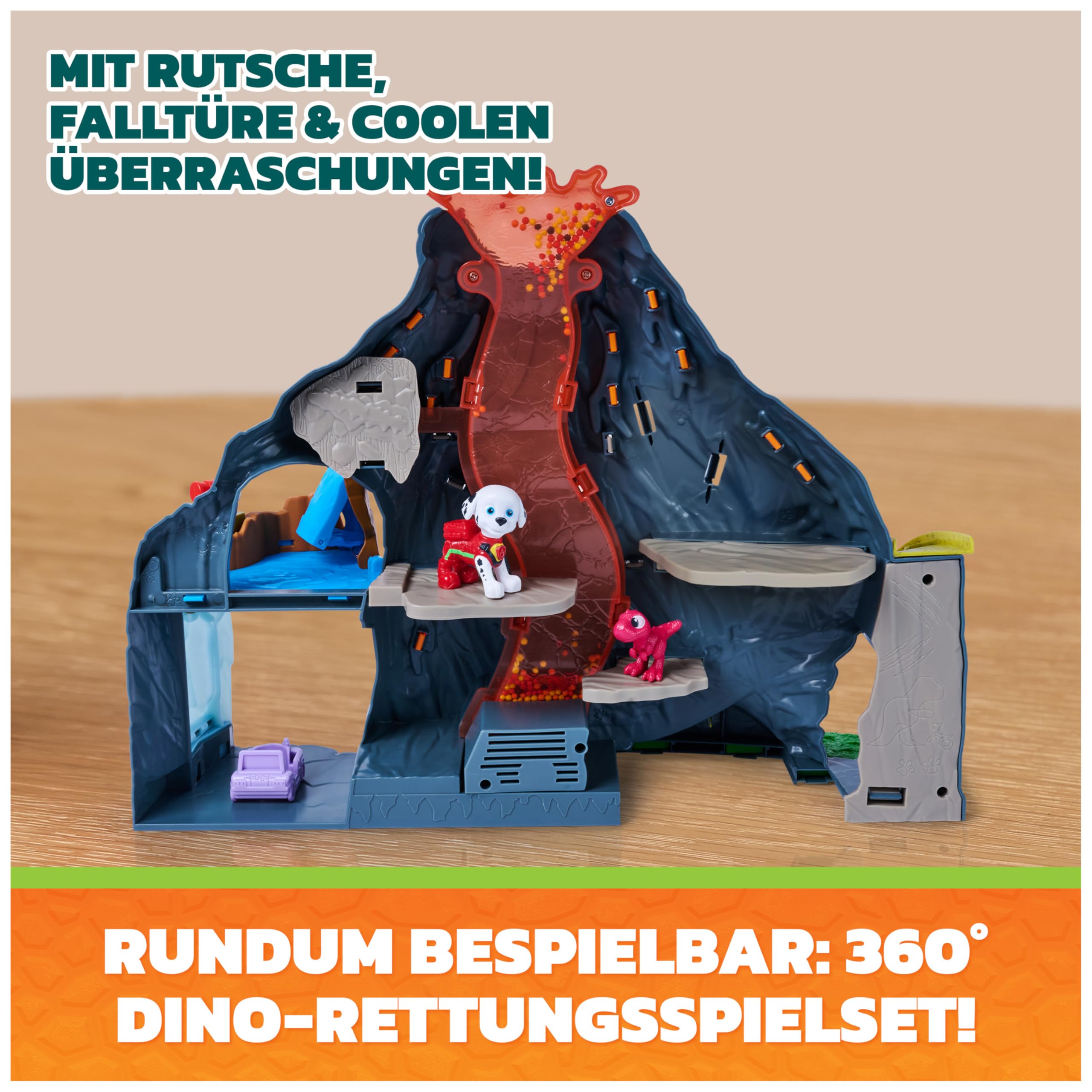 PAW PATROL: Der Dino Film Super-Lava-Blast Vulkan-Spielset, ab 3 Jahren | 360° bespielbar | Marshall- & Rhabarber-Figur | Licht & Sound | Multisensorisches Spiel | Vulkan-Ausbruch-Simulation