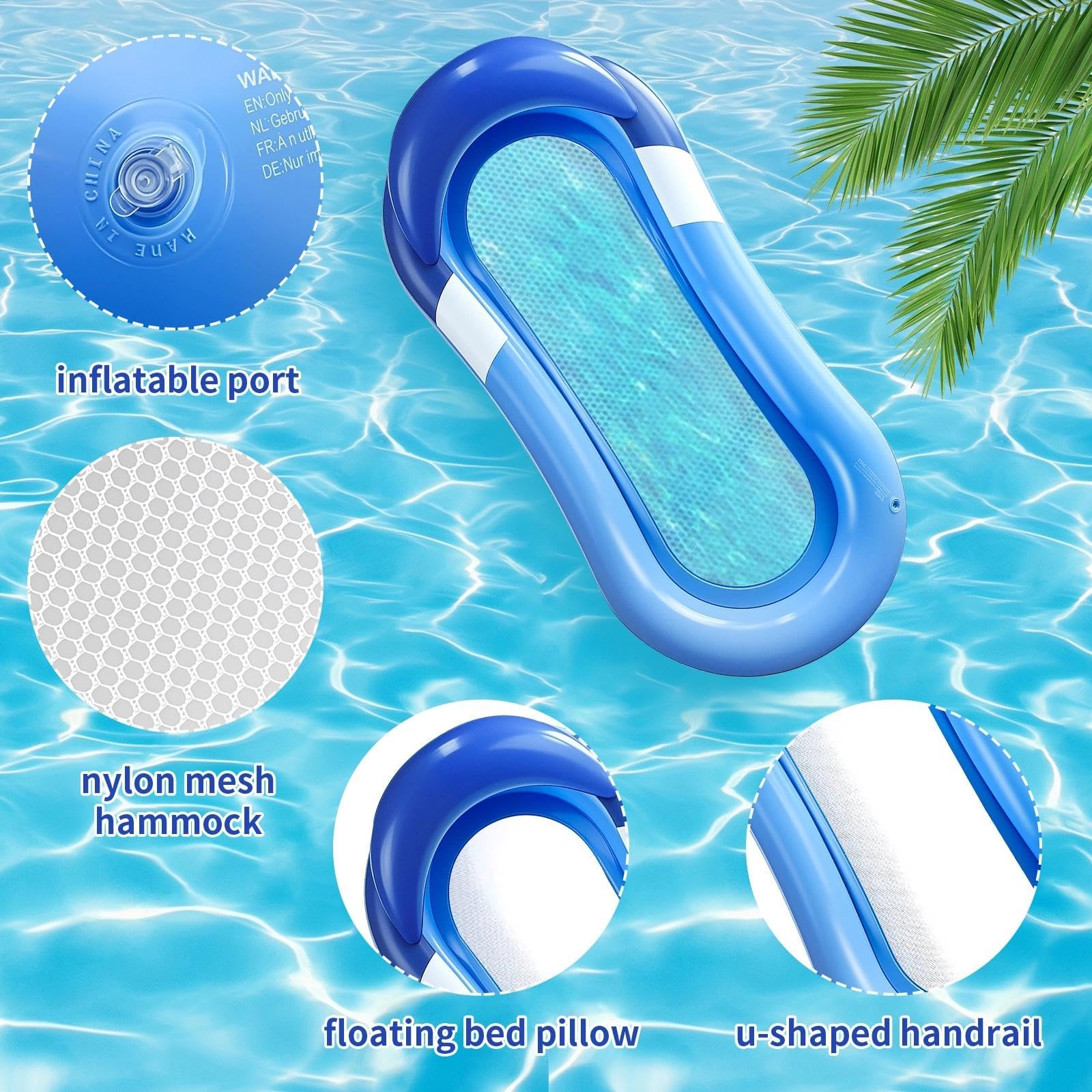Colchoneta Piscina Adultos, 160x90cm Hamaca Inflable Piscinas, Colchoneta Hinchable con Reposacabezas, Flotadores Piscina Plegable, para la Piscina, Playa, Lago y Fiestas