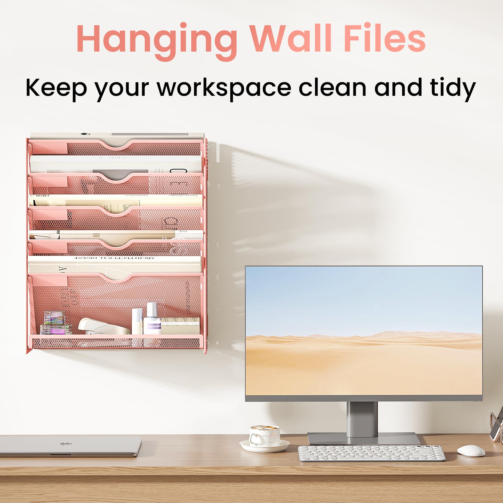 VITVITI Organizador de Pared para Documentos A4, 6 Compartimentos, Revistero de Metal en Malla, Soporte de Revistas y Archivador Vertical para Oficina, Correo y Papelería, Rosa