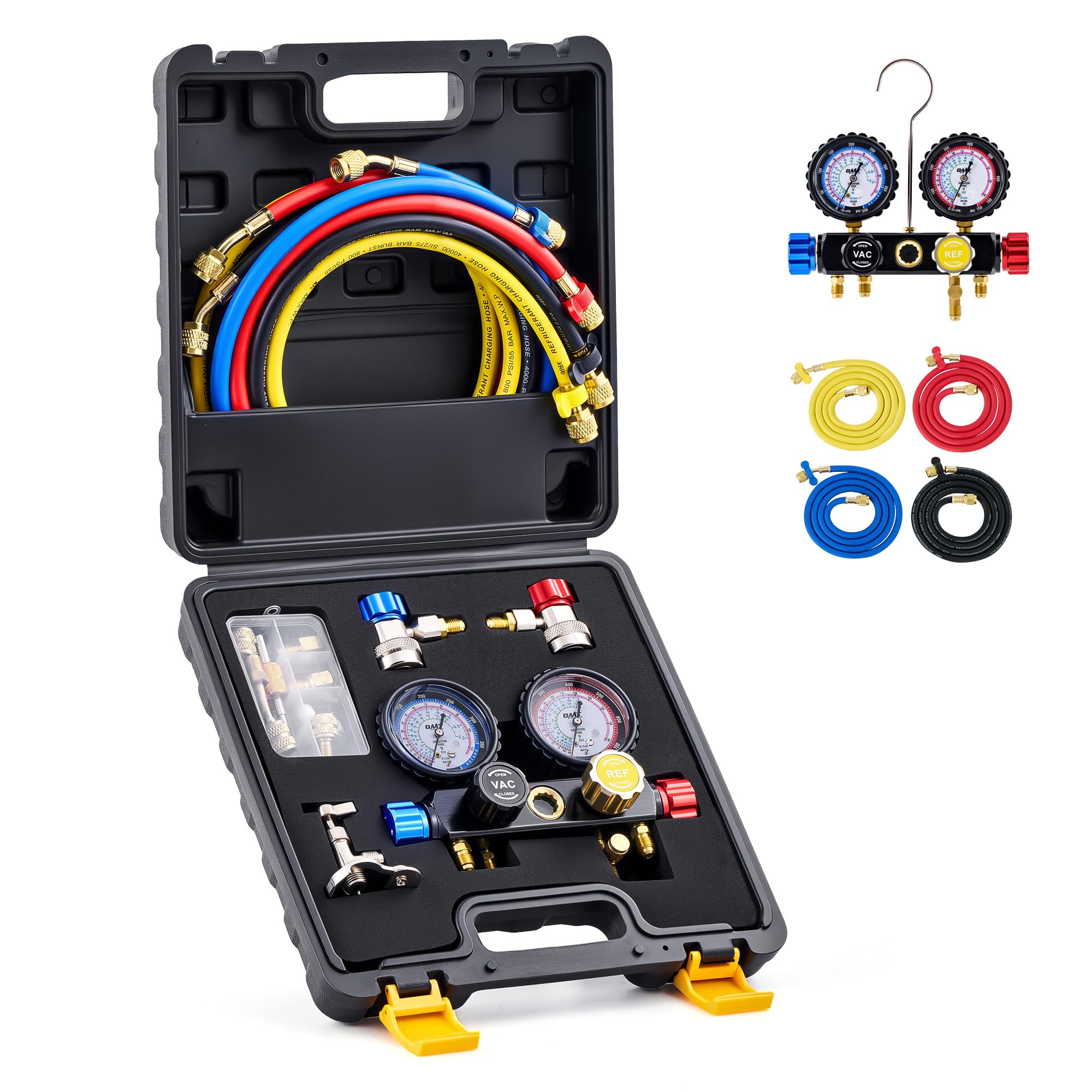 Orion Motor Tech 4 Way AC Gauge Set for R410a R22 R134a Refrigerant, 4 Valve Automotive AC Manifold with 5ft Hoses, R410a Adapters, Can Tap