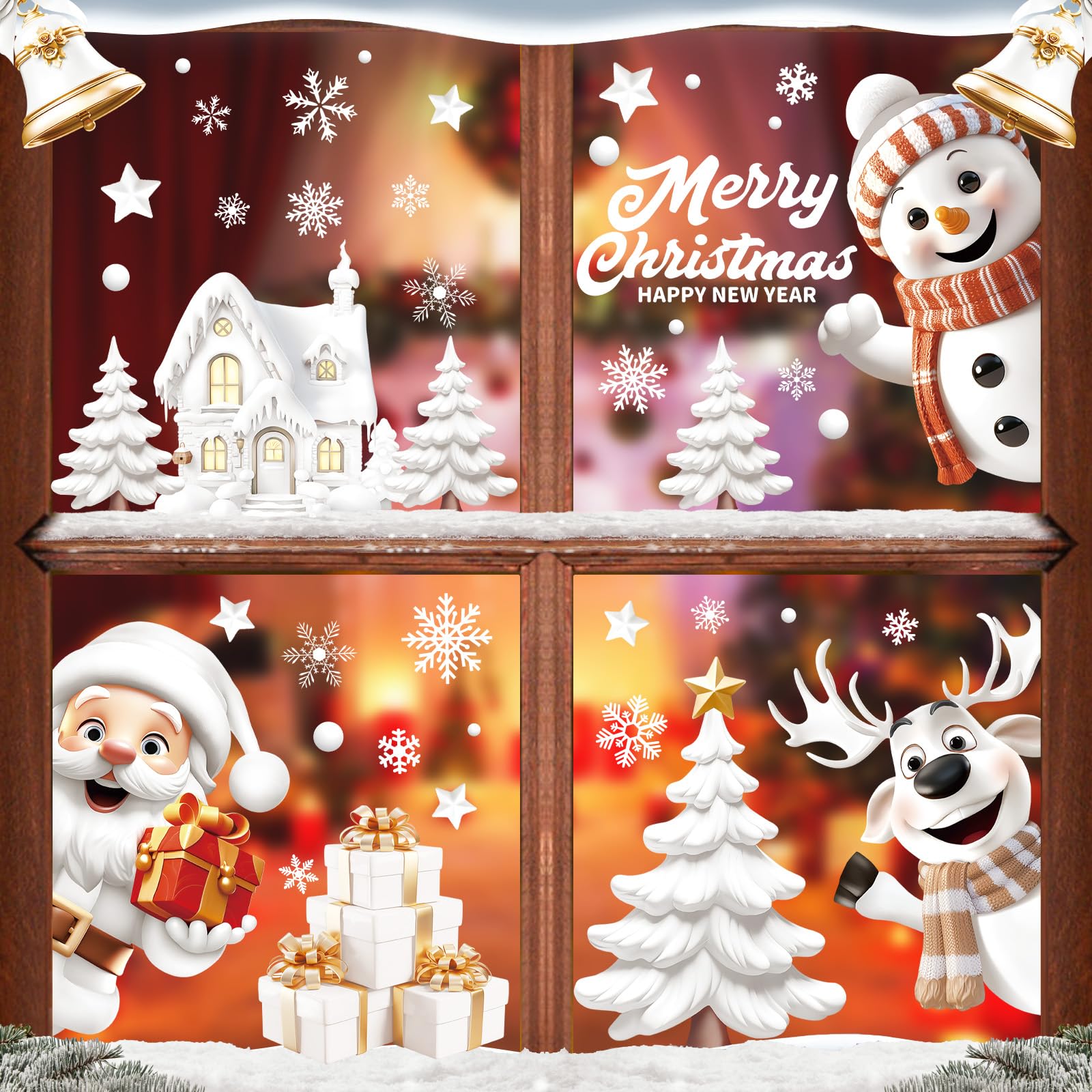 AhfuLife Christmas Window Clings, 147 PCS Large 3D Reusable Window Stickers for Glass, 9 Sheets Double Sided Santa Claus Snowman Reindeer Snowflakes Stickers for Party Decorations