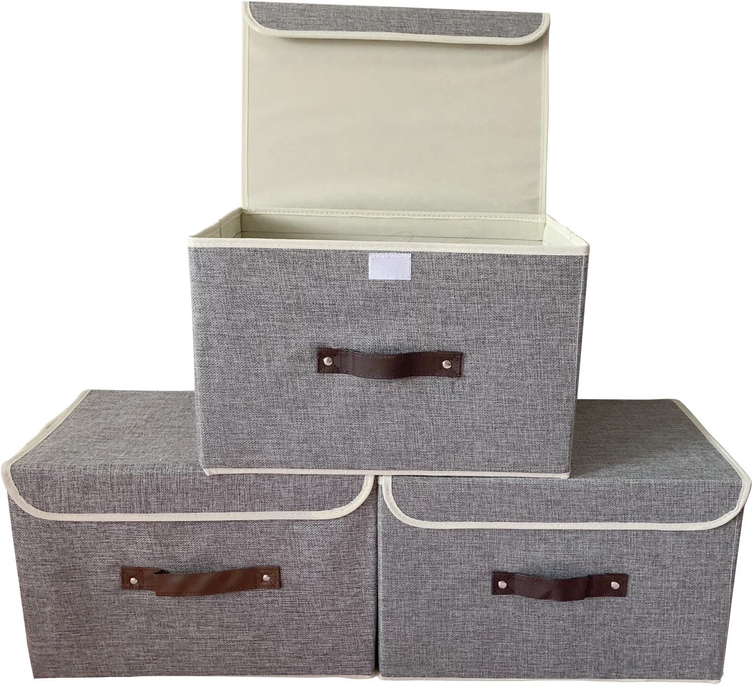 Storage Bins,[3-Pack] Mildlife Foldable Storage Box with Lids and Handles Storage Basket Cubes Organizer Boxes Containers Drawers with Linen Fabric Storage Basket For Office Nursery Bedroom Shelf,Gray