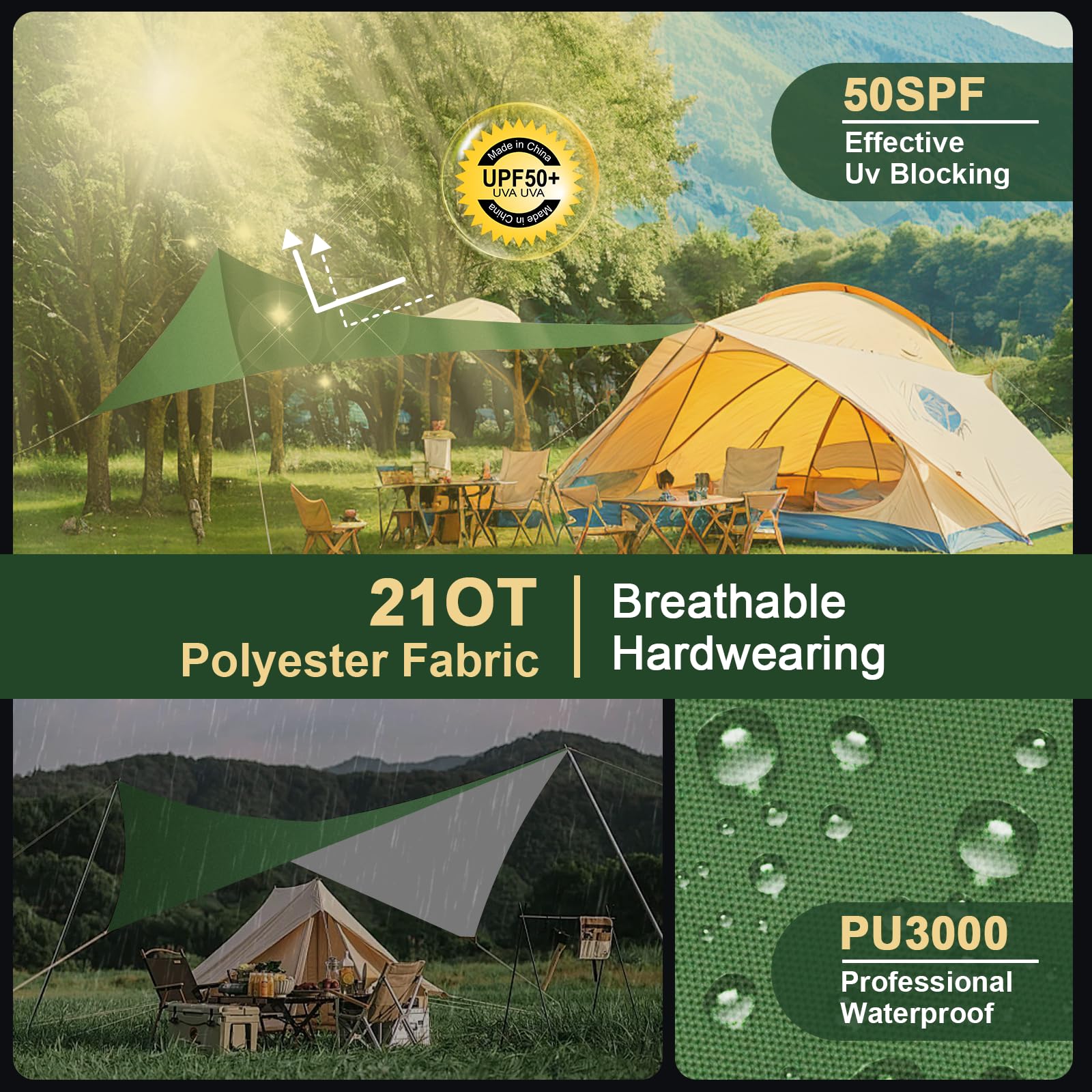 Camping Bâche 3x3M,Toile de Tente Imperméable Anti-UV,Camping Bâche Anti-Pluie,Tente Parasol Abri de Survie Tous Temps pour Extérieur, Bivouac, Randonnée, Trekking, Hamac, Auvent Van Fourgon