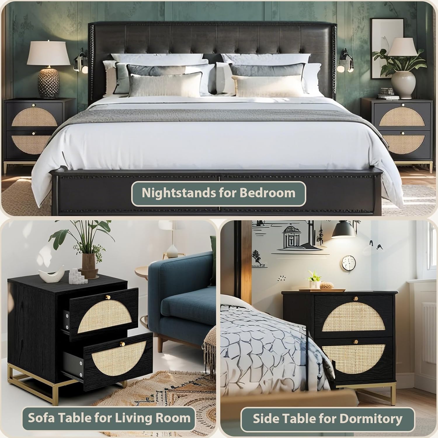 vistavie Boho Black Nightstand with 2 Drawers, 15.7" Rattan End Table, Mid-Century Modern Wood Bedside Storage Cabinet with Gold Pulls & Metal Legs for Bedroom Living Room (Set of 1)
