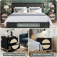 Vista 4 de vistavie Mesita de noche bohemia negra con 2 cajones, mesa auxiliar de ratán de 15.7 pulgadas, armario de almacenamiento de madera moderna