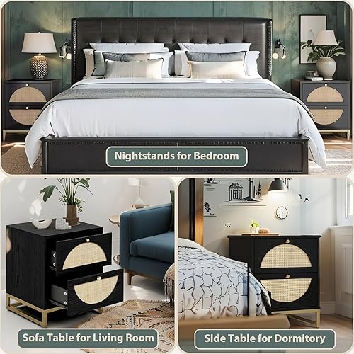 Miniatura 5 de vistavie Mesita de noche de ratán con 2 cajones, mesa auxiliar de madera de ratán tejido, mesa auxiliar rústica con almacenamiento, para sala de