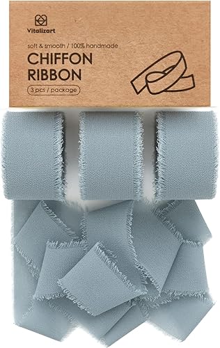 Vitalizart Cinta de seda de gasa azul polvoriento, 1 pulgada x 21 yardas, paquete ecológico (3 rollos de 7 yardas) para invitaciones de boda, ramos