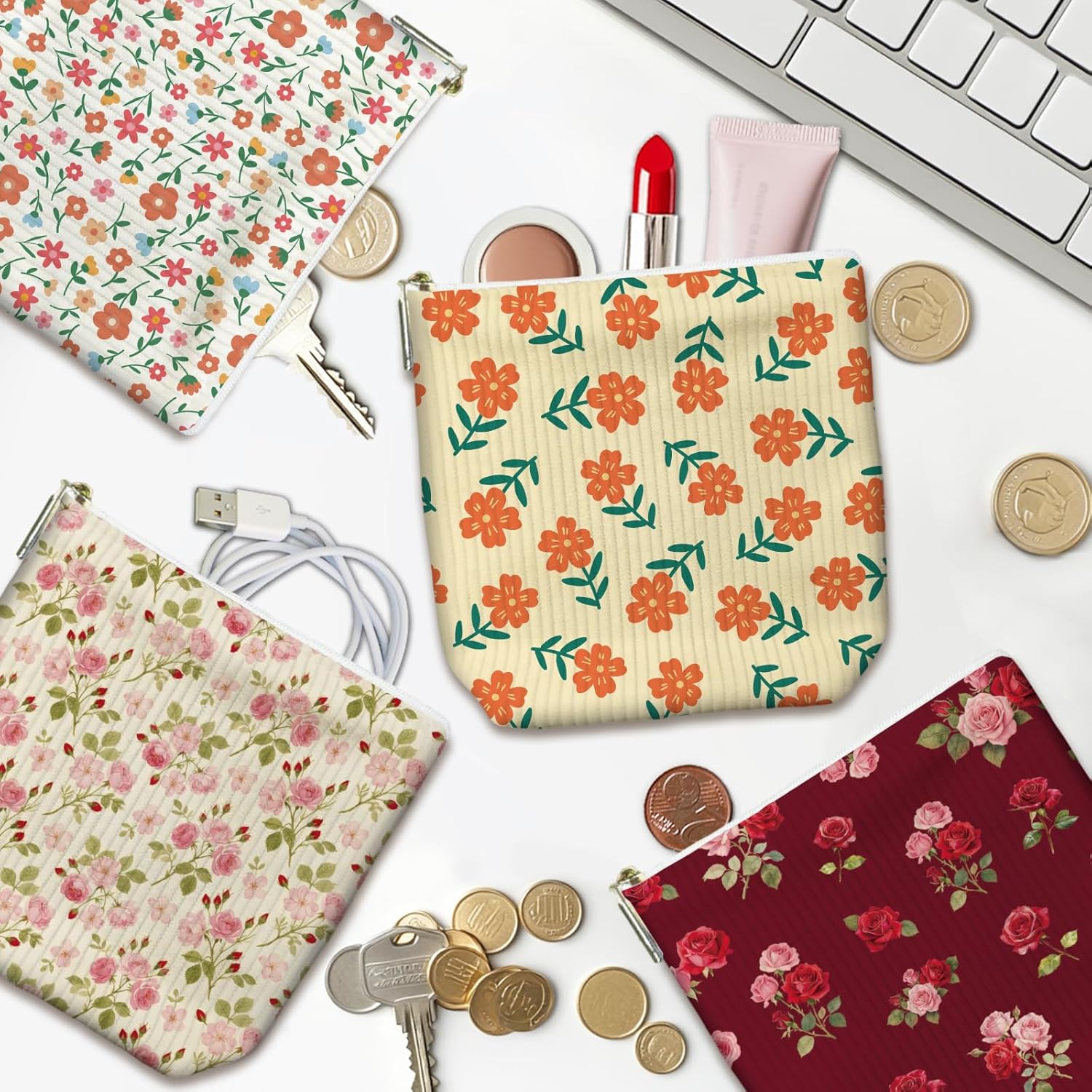 peacoblue Flowers Branch Small Corduroy Cosmetic Makeup Bag Set of 4 for Women with Zipper, Cute Mini Travel Pouch, Portable Cosmetic Toiletry Bag Pouches for Organizing Purse - Image 2