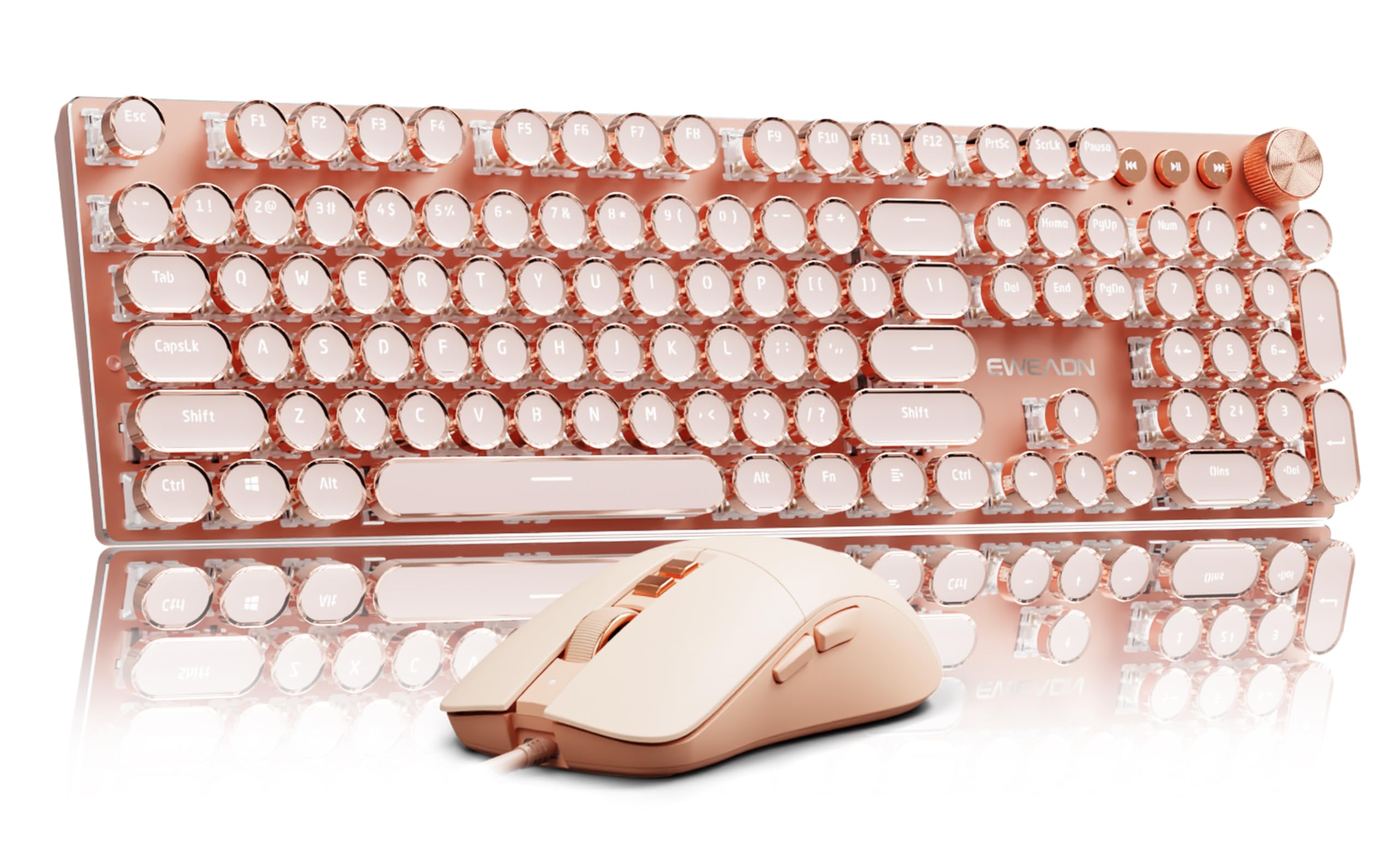 EWEADN Wired Typewriterkeyboard and Mouse Combo, Typewriter Style Mechanical Gaming Keyboard,104 Keys Backlit LED Keyboards, Media Control Knob, Wired Keyboard Pink Switch for Windows/Mac/PC-Pink