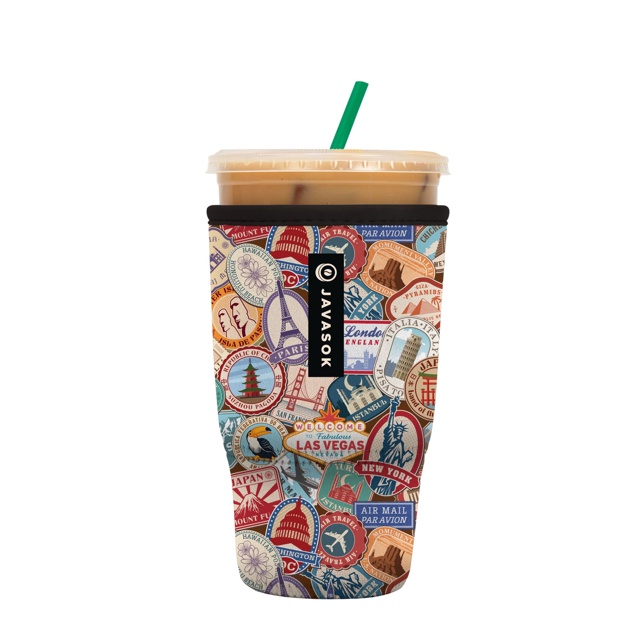 Sok ItJavaSok Iced Coffee & Cold Soda Insulated Neoprene Cup Sleeve (World Traveler, Large: 30-32oz)