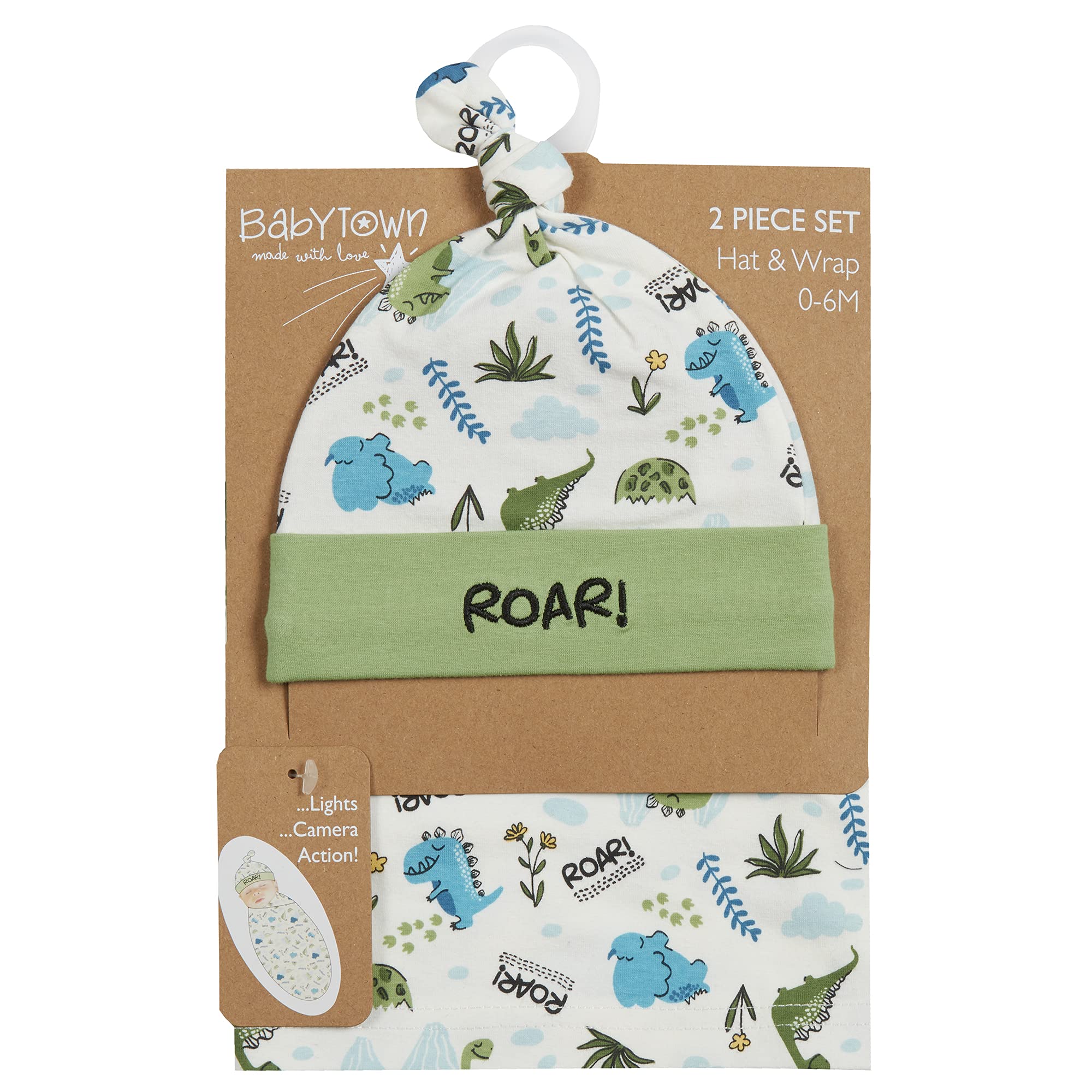 The Pyjama Party Baby Swaddle Blanket and Headband or Hat (Green Dinosaur)